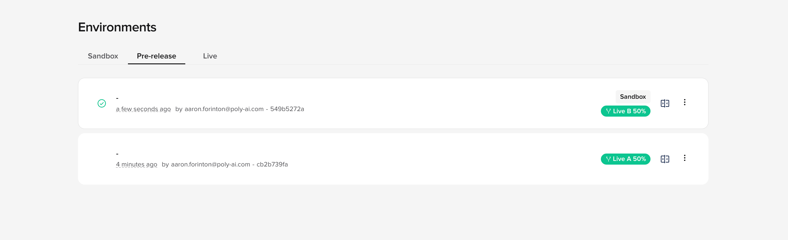 Environments page on the Pre-release tab during an active A/B test, showing both versions side by side tagged Live B 50% and Live A 50%
