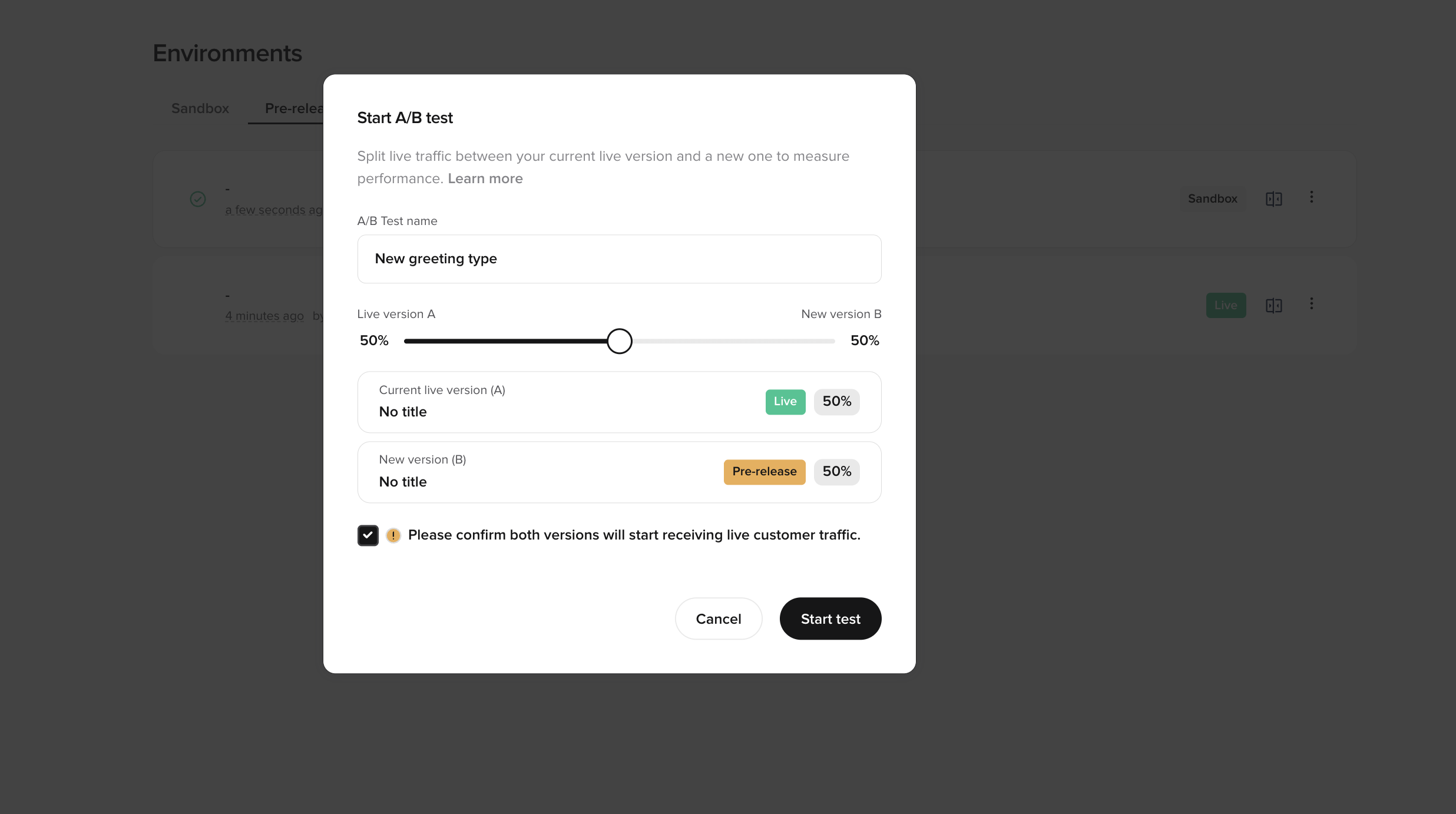 Start A/B test modal showing the A/B Test name field, the Live A / New B traffic-split slider at 50/50, version cards for current Live (A) and Pre-release (B) with their share, the live-traffic confirmation checkbox ticked, and Cancel and Start test buttons