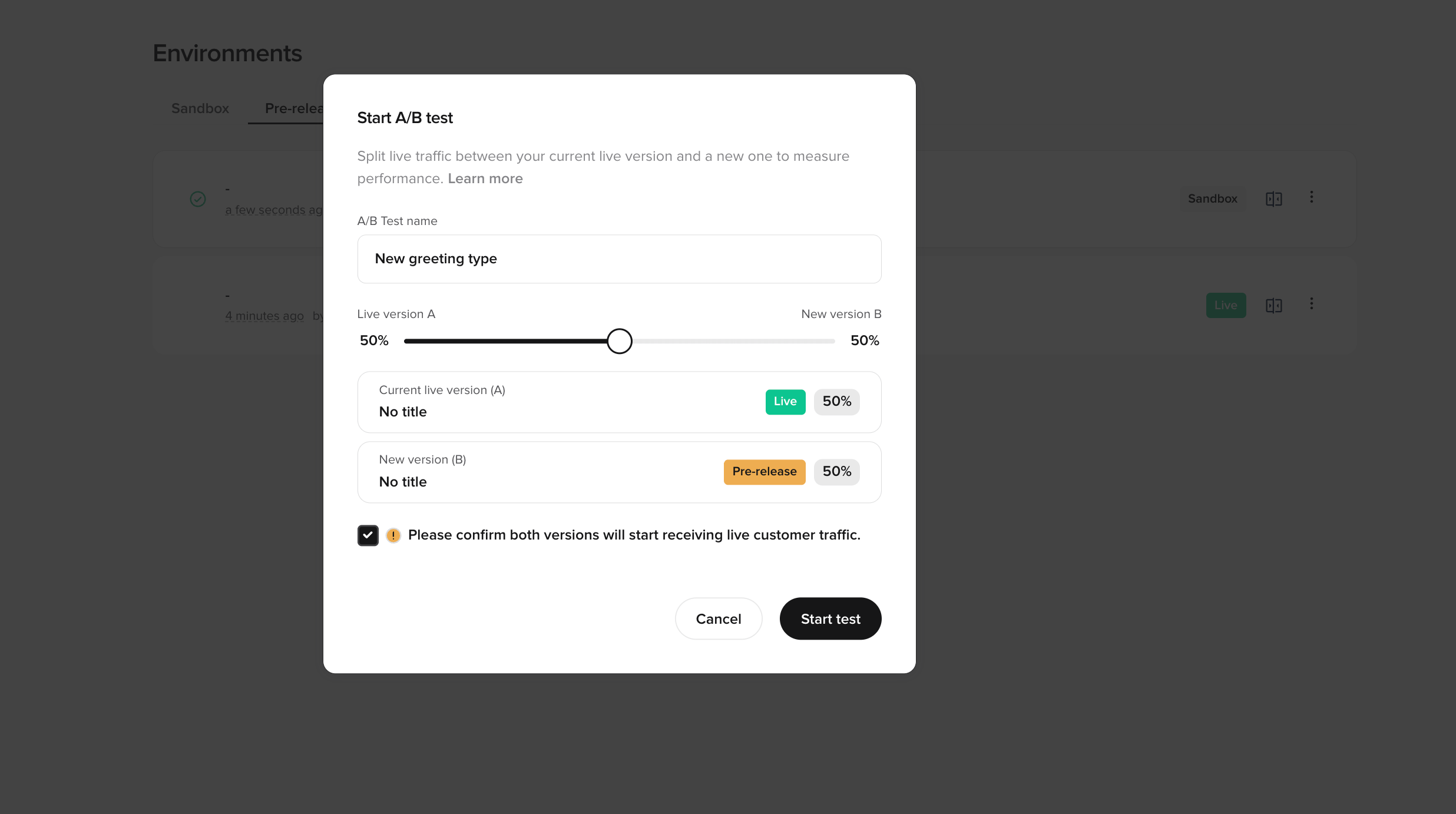 Start A/B test modal showing the A/B Test name field, the Live A / New B traffic-split slider at 50/50, version cards for current Live (A) and Pre-release (B) with their share, the live-traffic confirmation checkbox ticked, and Cancel and Start test buttons