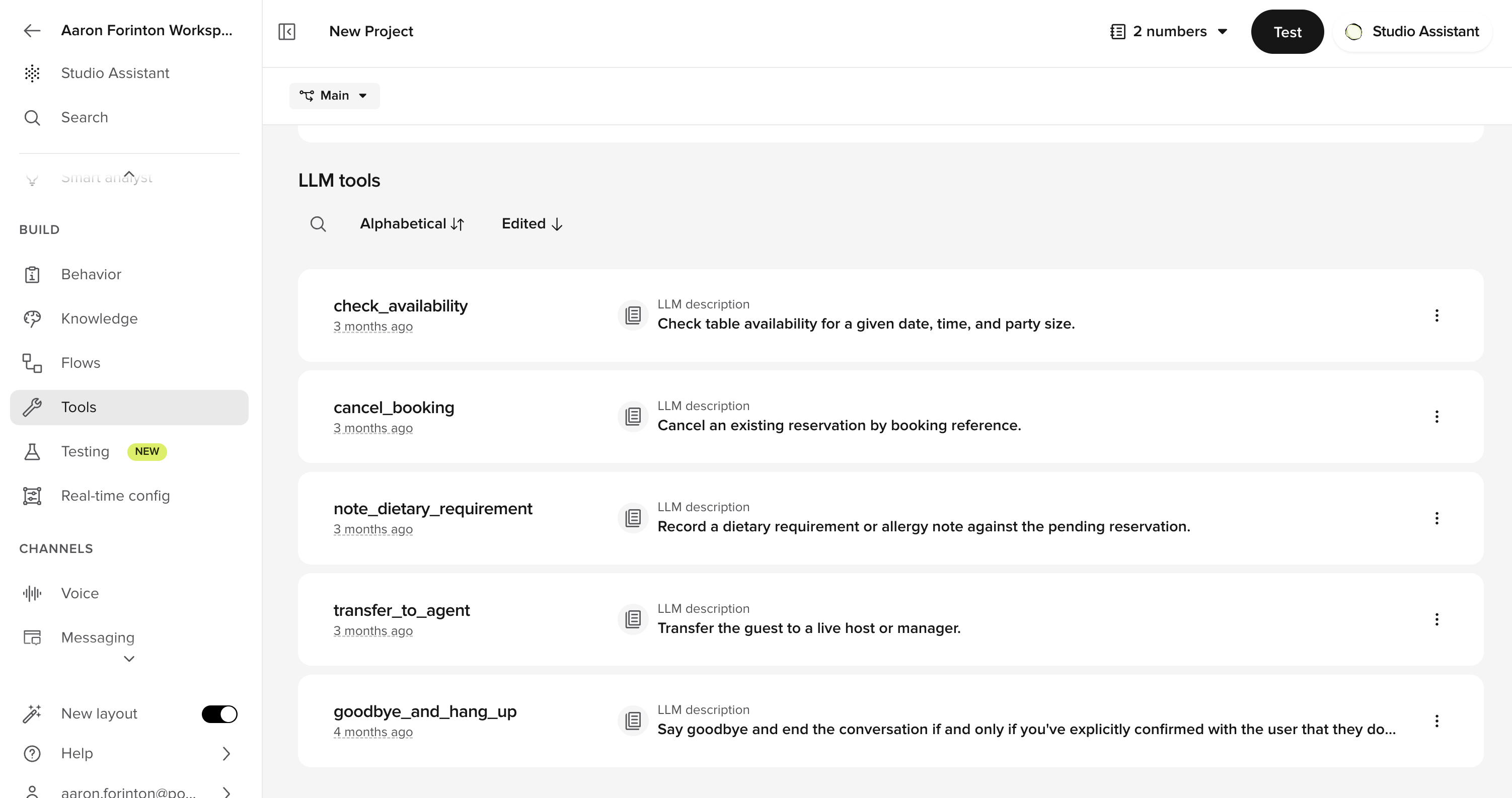 Global functions listed in the functions tab with profile details