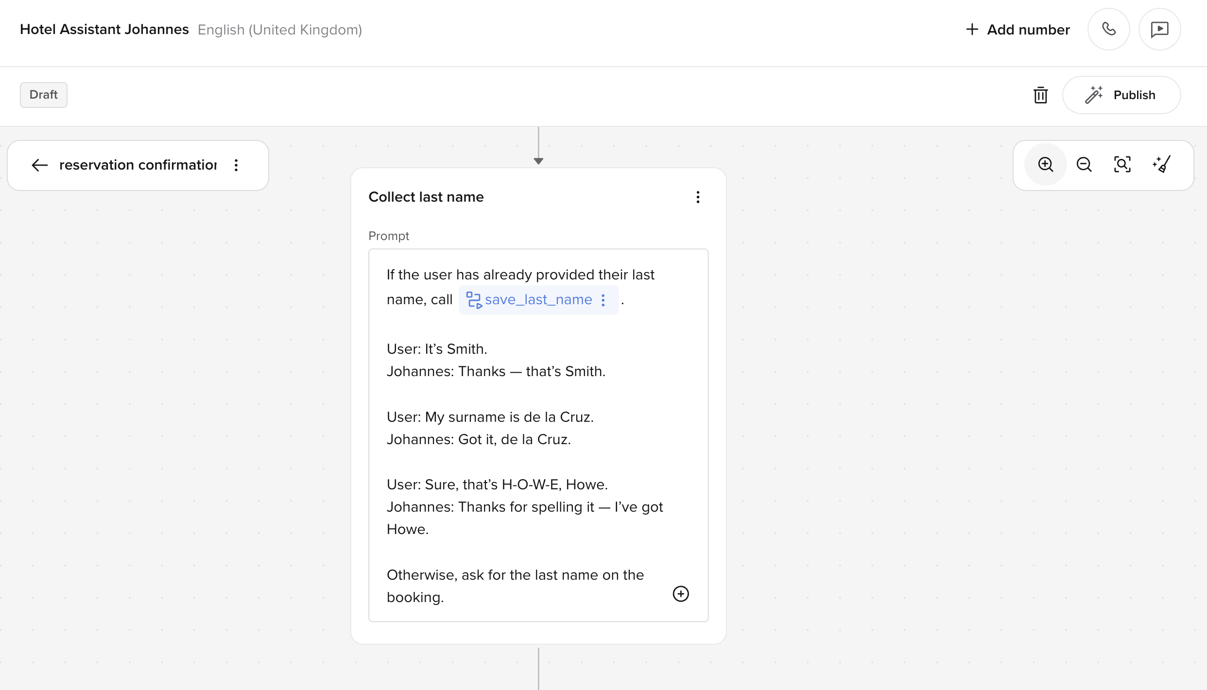 Few-shot examples inside a flow step prompt for collecting a last name