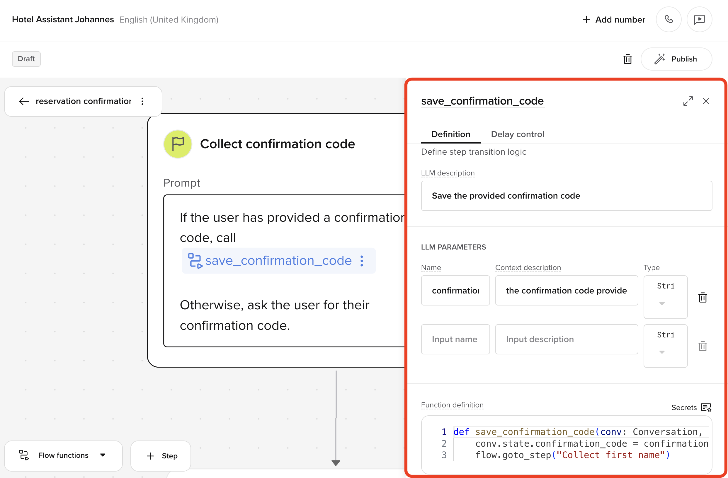 Transition function editor showing code and step references