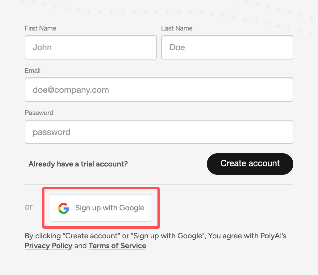 Google SSO sign-up screen