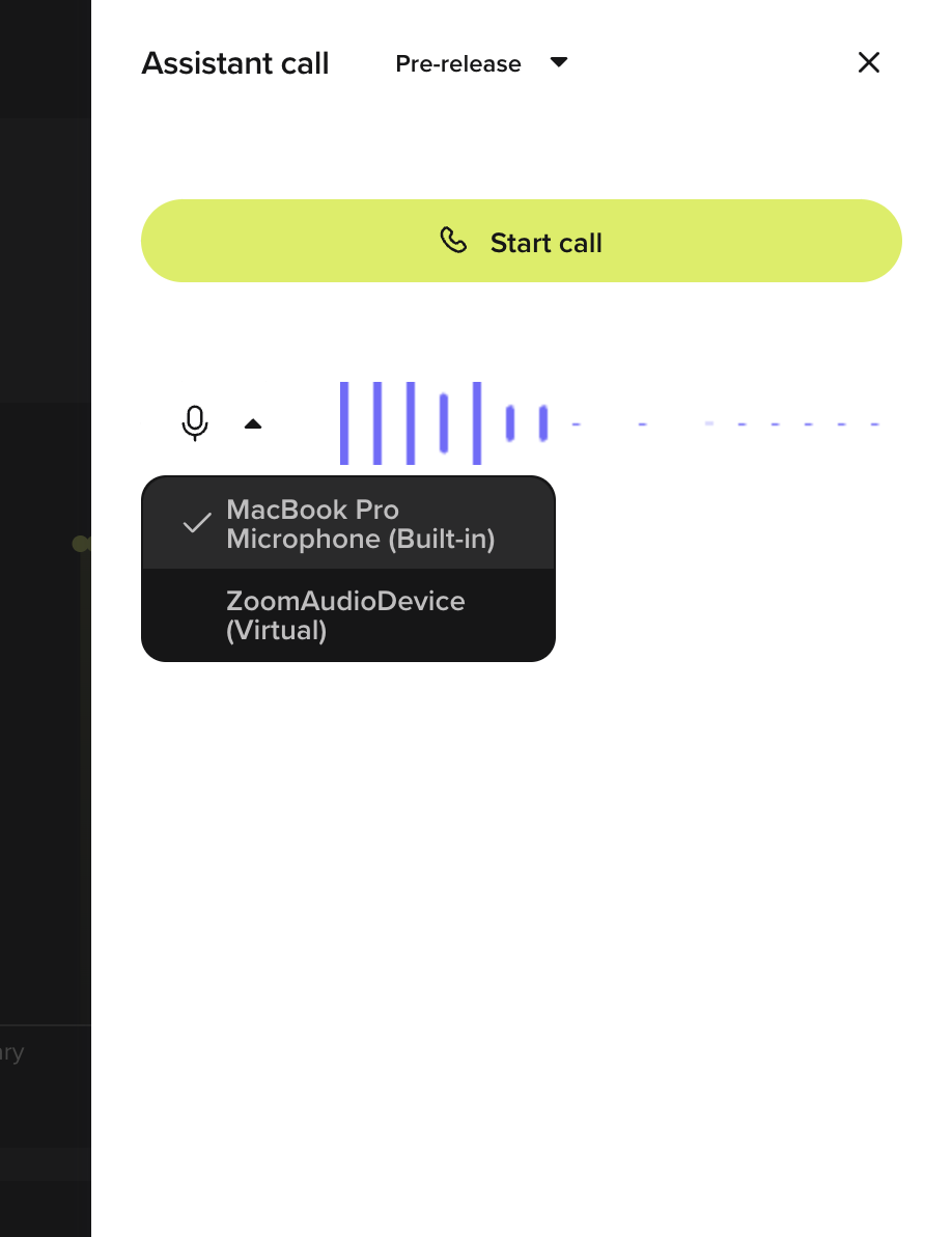 In-browser call test panel