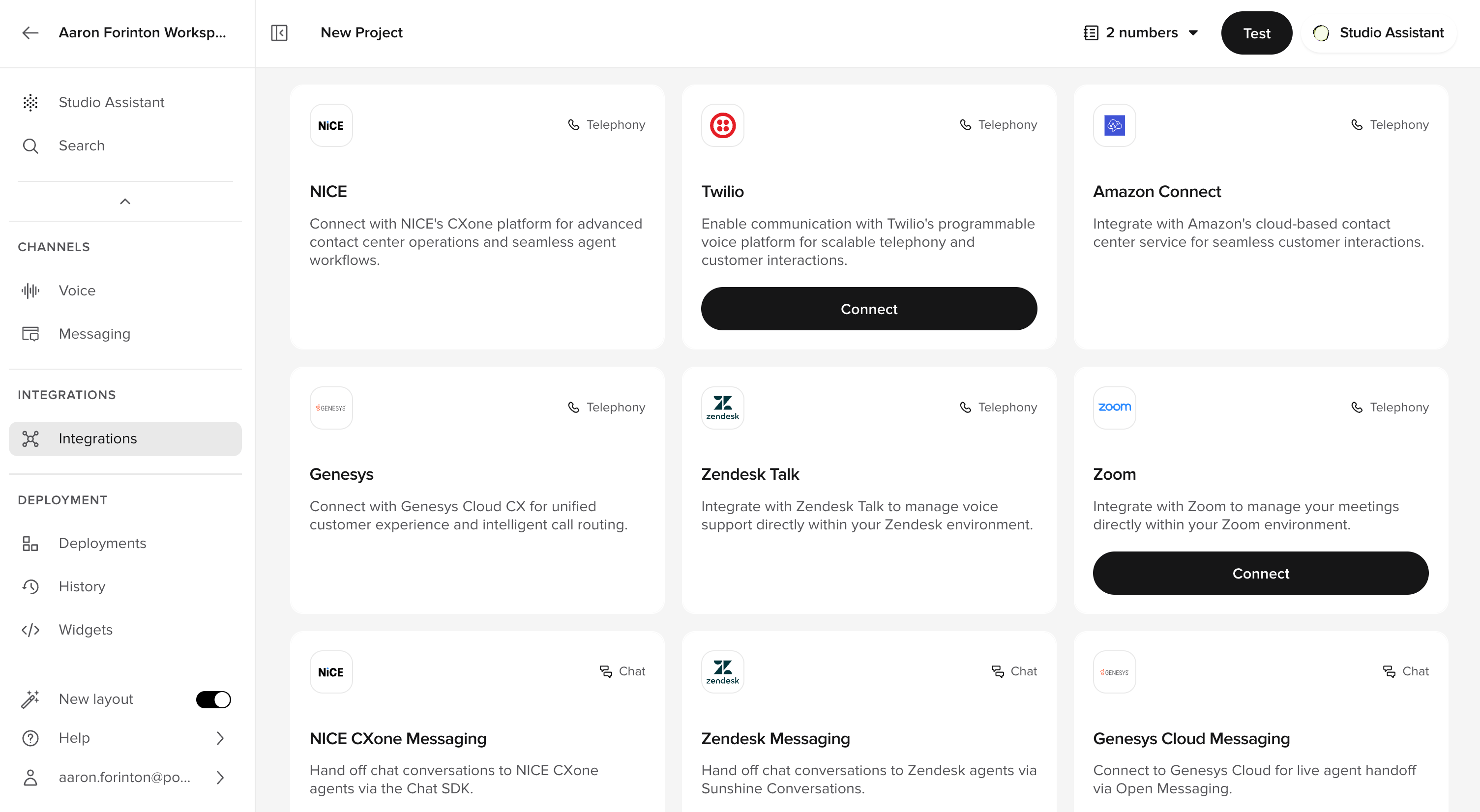 The Integrations page in Agent Studio showing available telephony providers including Twilio.