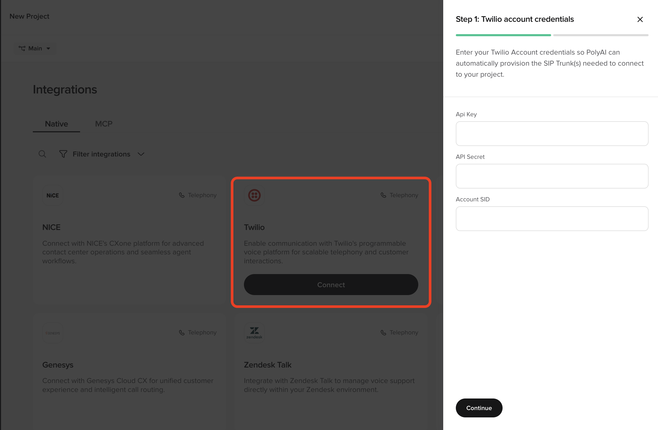 The Twilio account credentials panel showing fields for API Key, API Secret, and Account SID.
