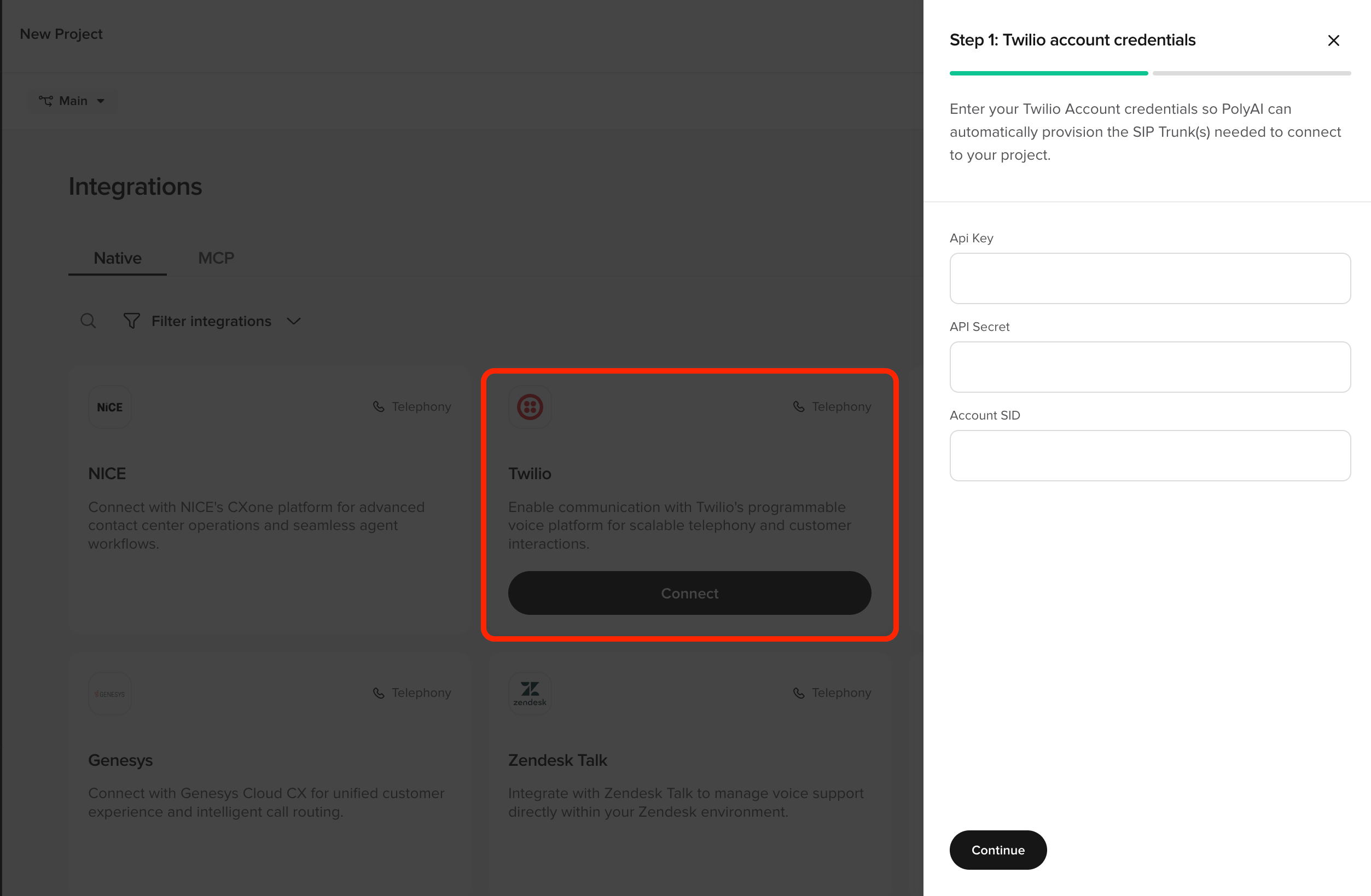 The Twilio account credentials panel showing fields for API Key, API Secret, and Account SID.