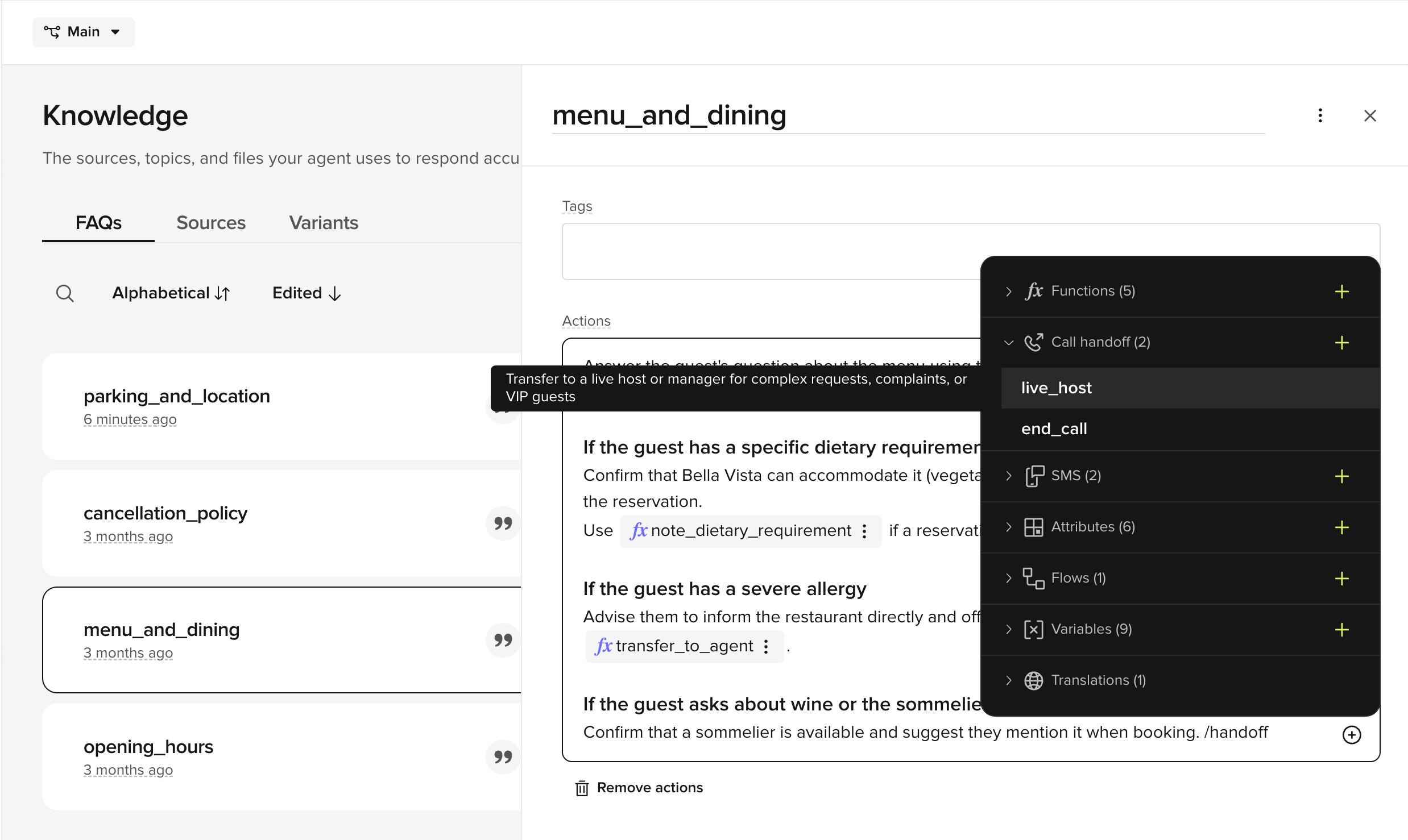 Actions field menu with handoff option