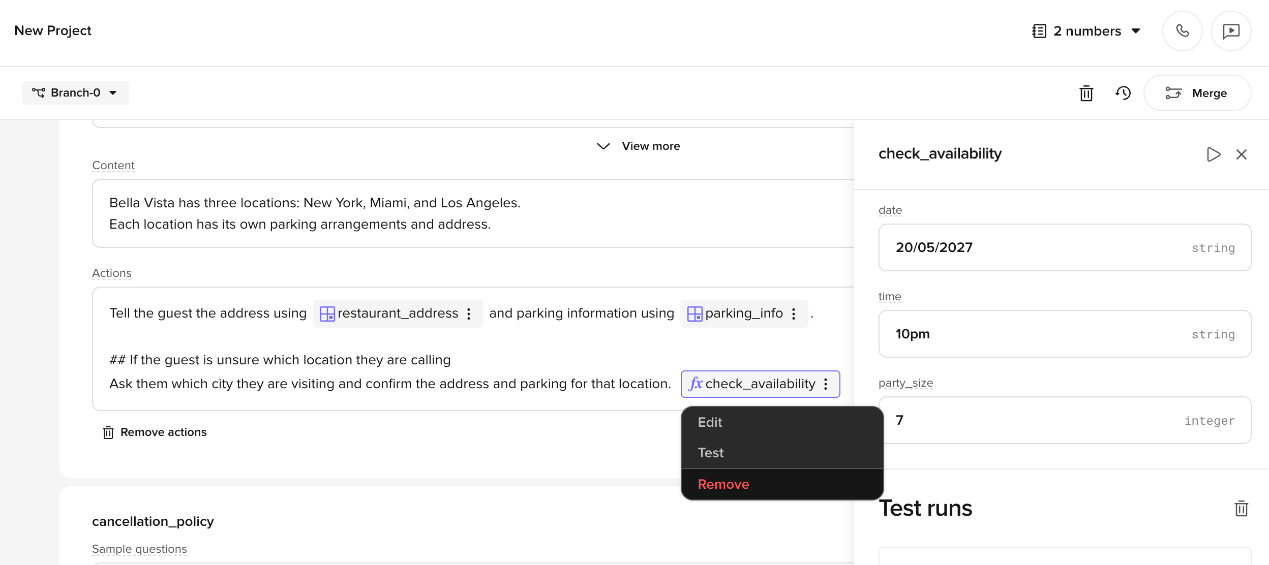 Testing a tool call with the test panel