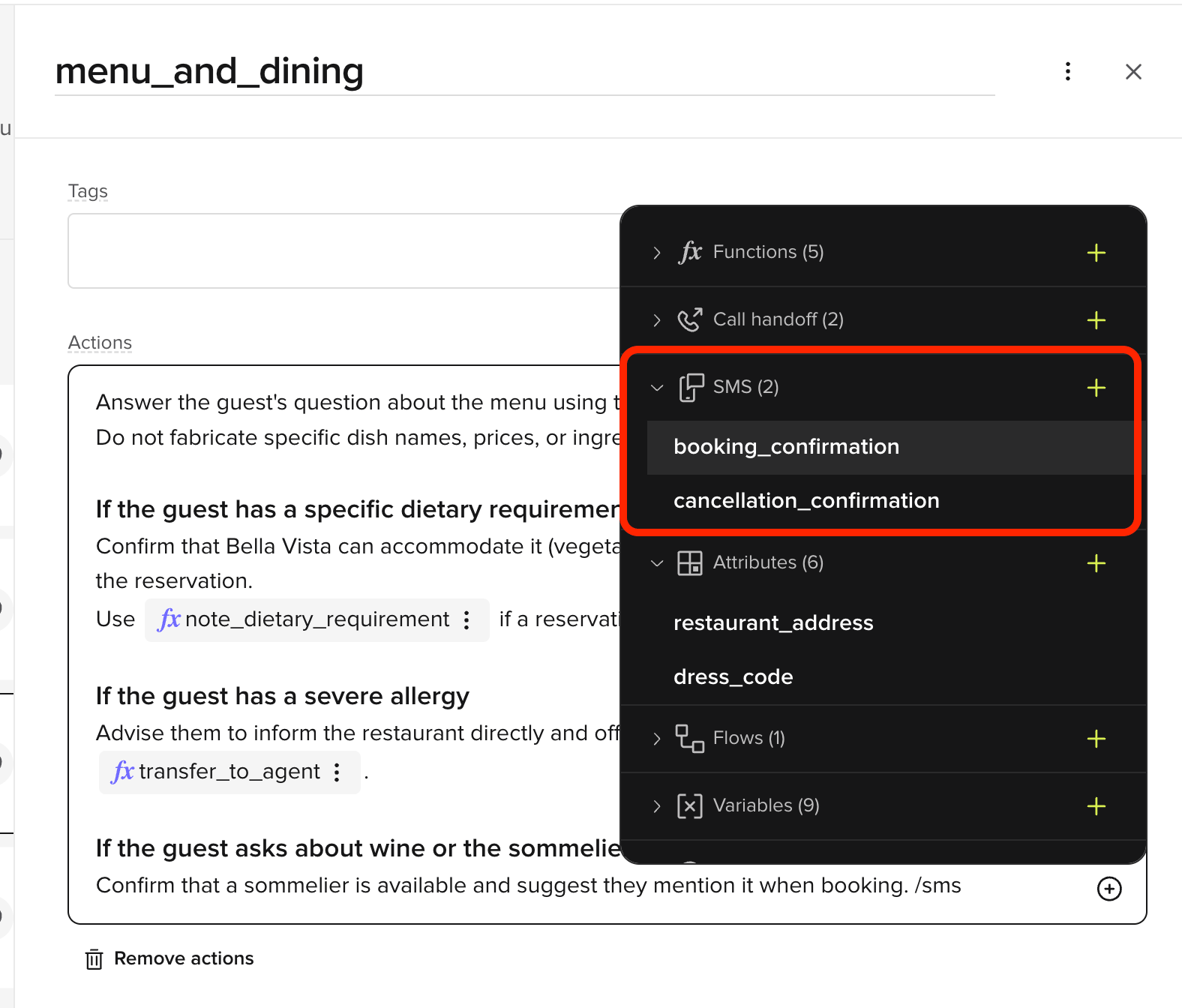 Inserting an SMS template from the actions menu
