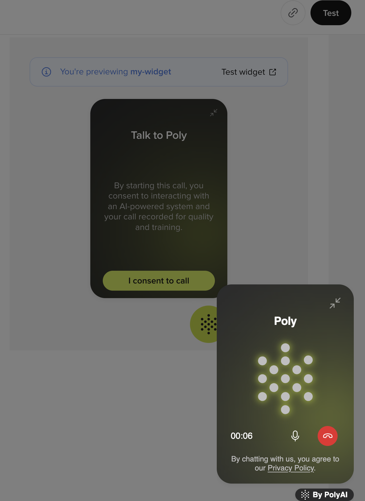 Web Calling widget showing the consent screen and an active call side by side