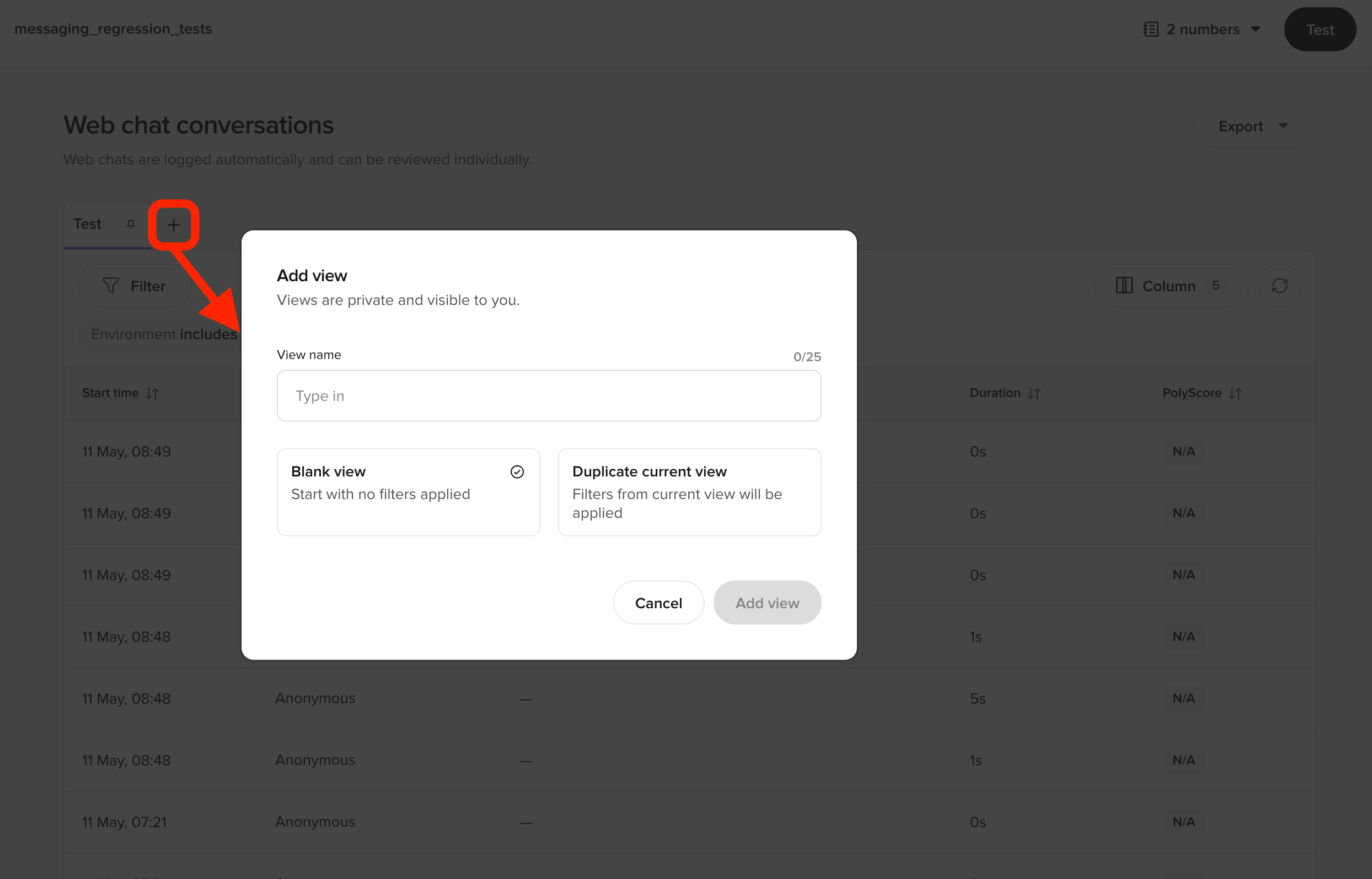 Add view dialog showing the + button, view name field, and Blank view / Duplicate current view options