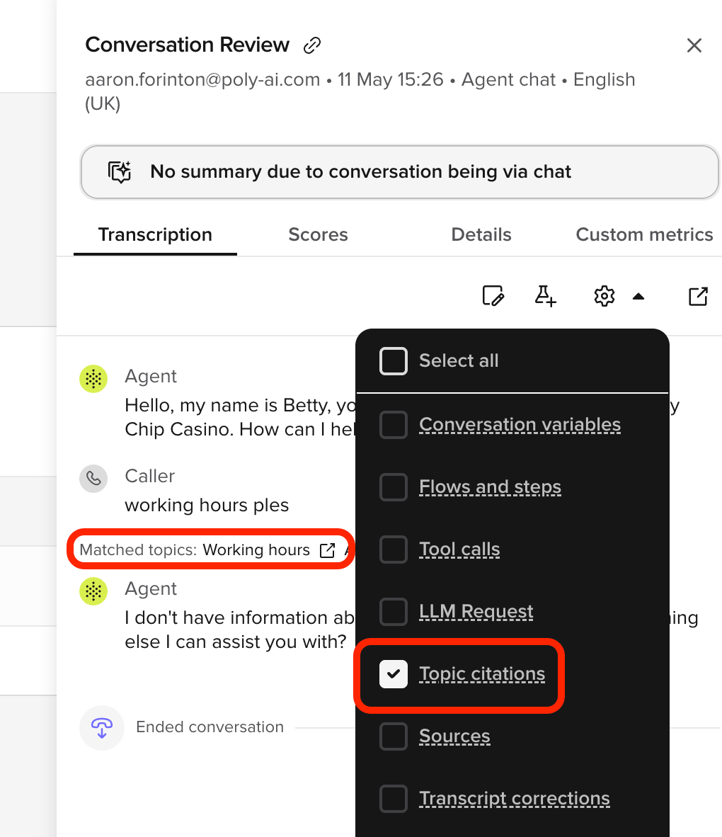 Conversation Review side panel with Topic citations enabled, showing the Matched topics label under a caller turn