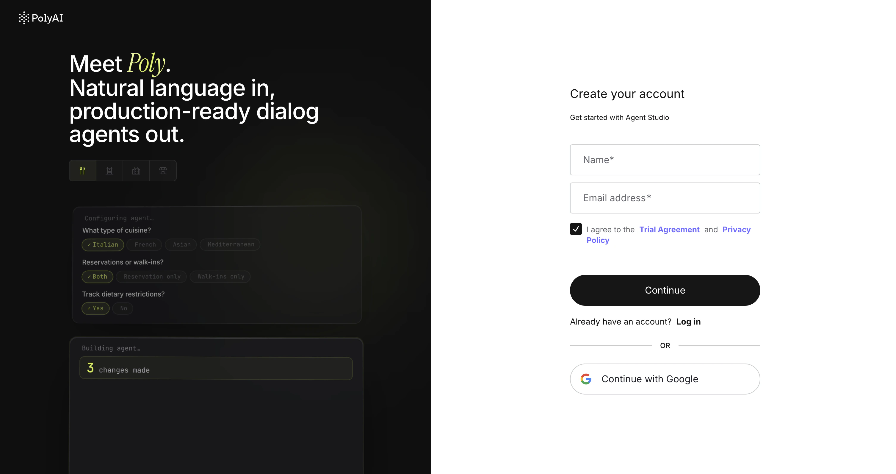 PolyAI sign-up page with email form and Google SSO option