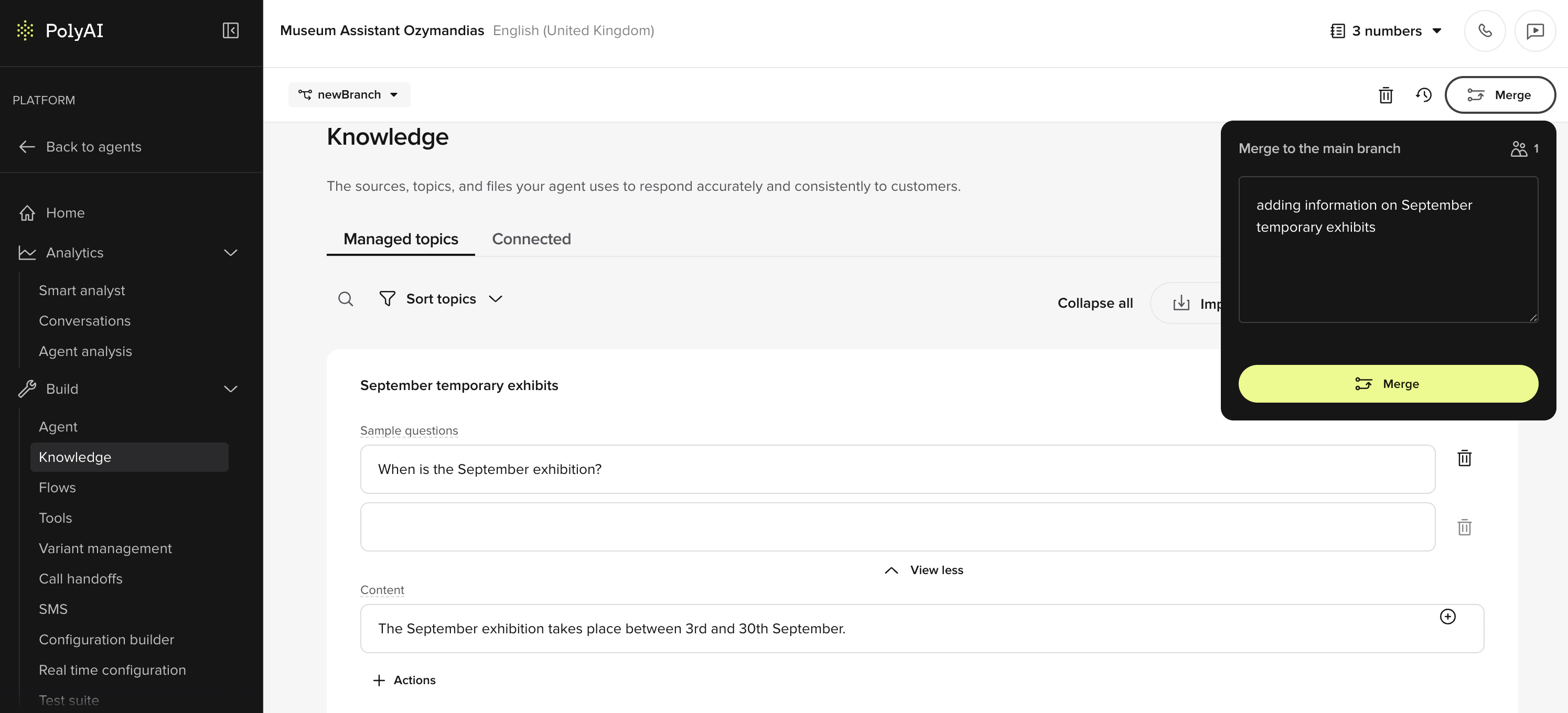 Adding a knowledge base topic in Agent Studio