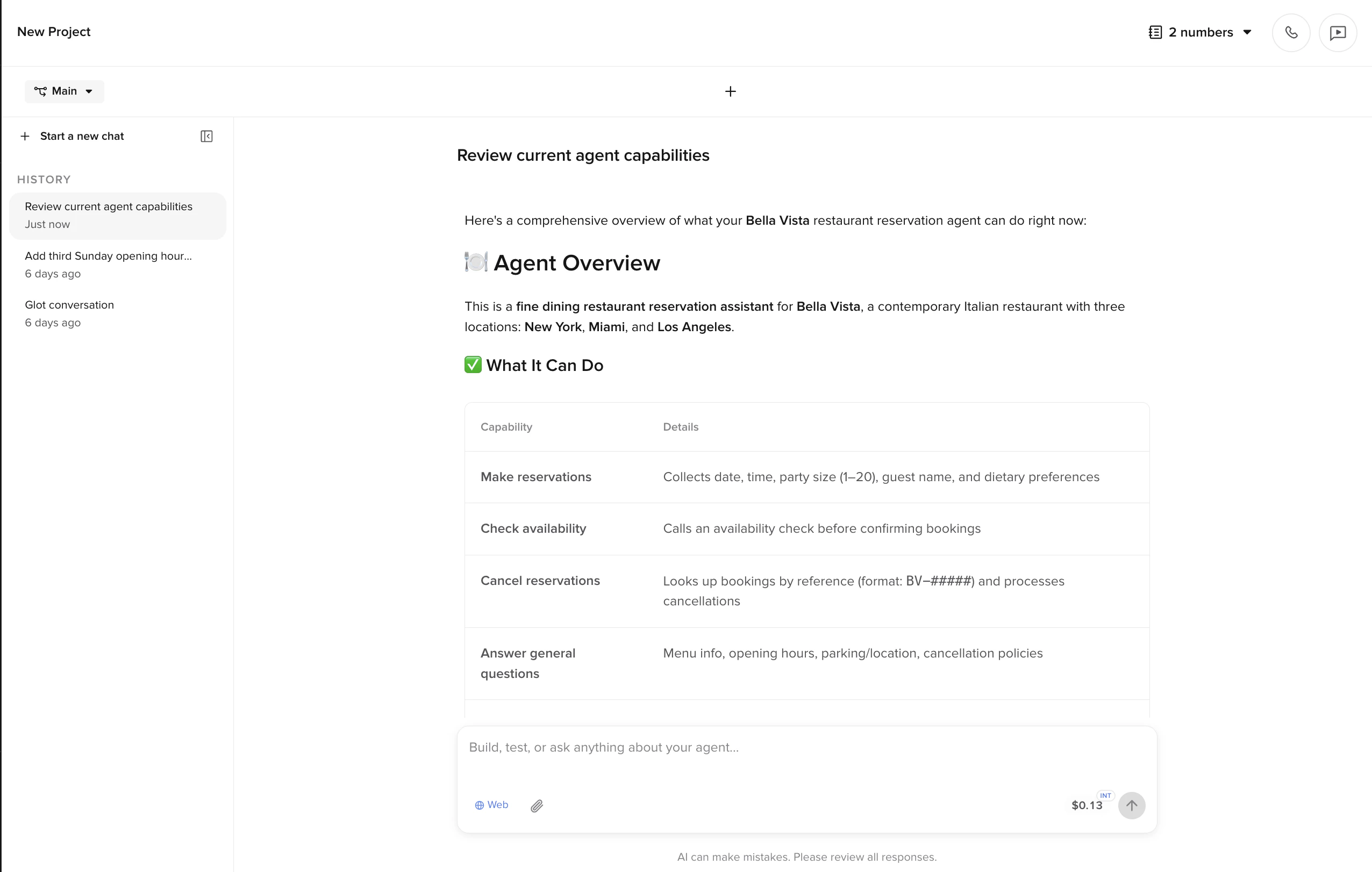 Agent Builder response showing a project-specific Agent Overview
