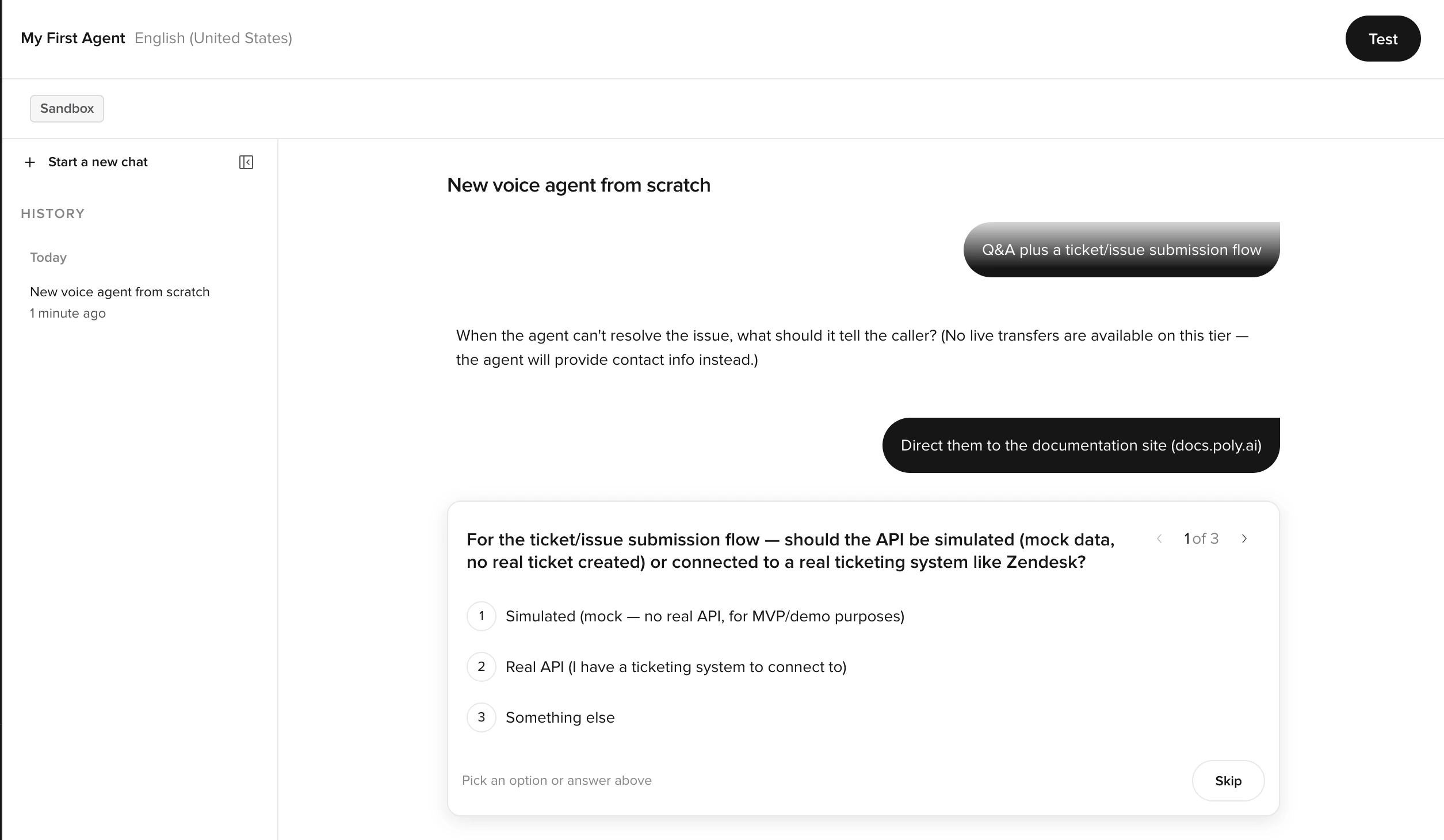 Agent Builder asking interactive questions about the agent's capabilities