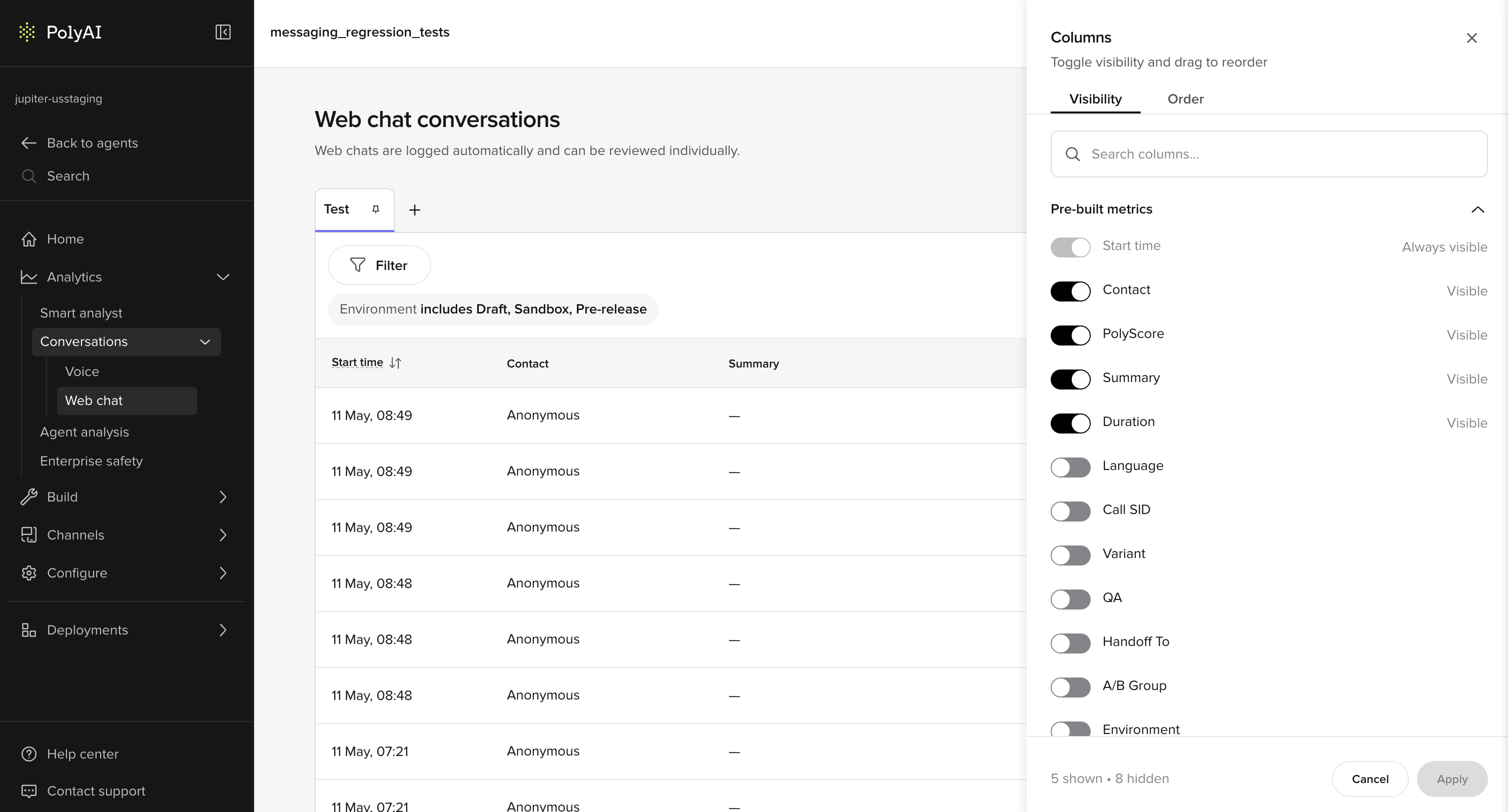 Columns panel showing the Visibility tab with toggles for pre-built metrics