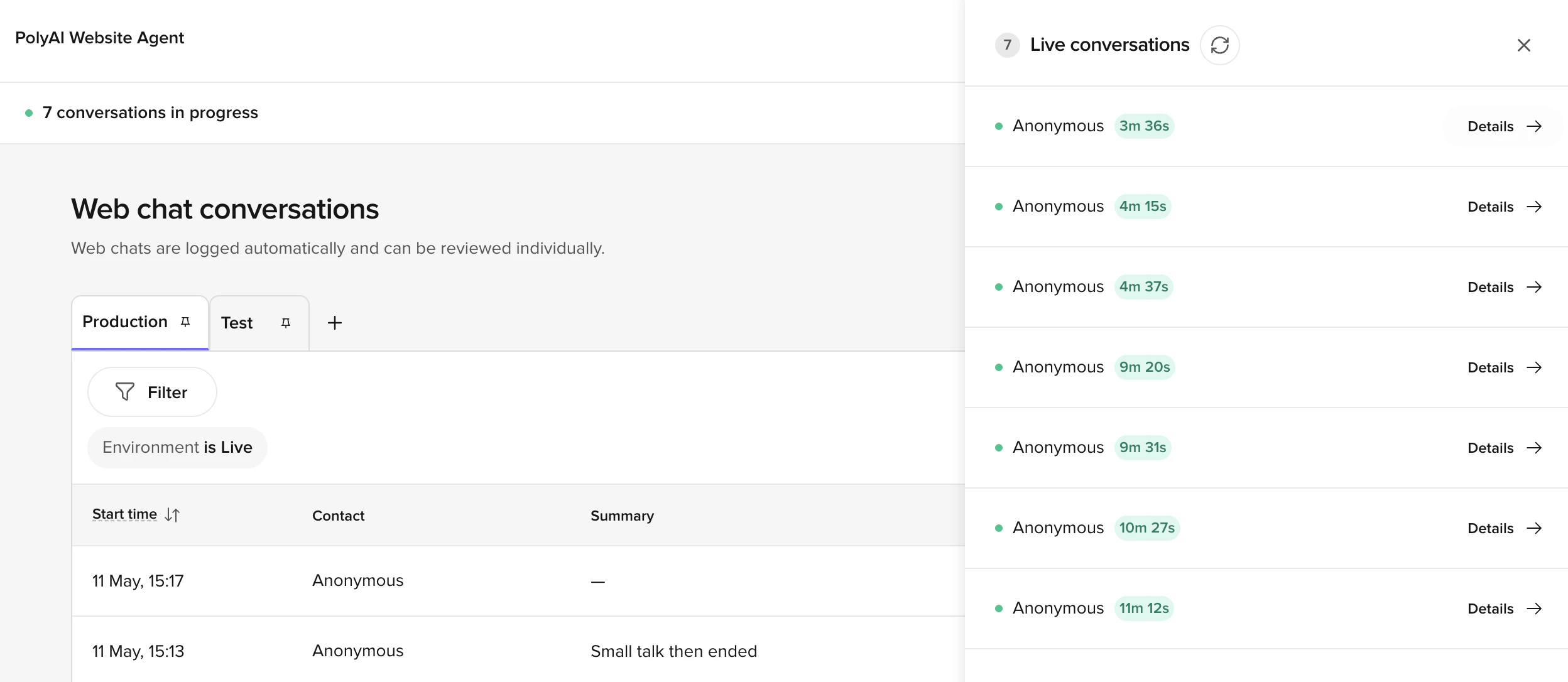 Web chat conversations page with the Live conversations side panel open, listing seven in-progress conversations with their durations and Details buttons