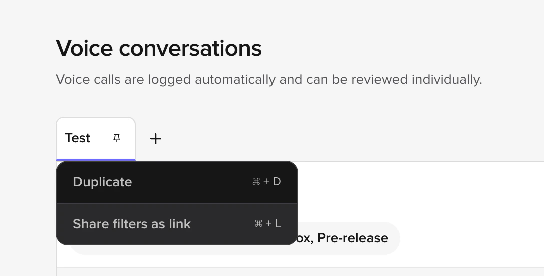 System View tab menu on Test showing only Duplicate and Share filters as link