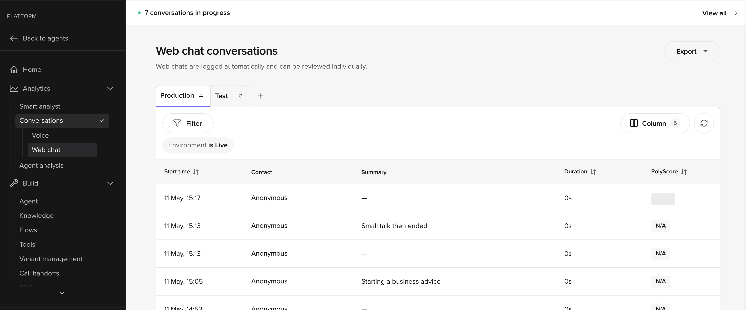 Web chat conversations page with the Production view pinned, an Environment is Live filter chip, and a 7 conversations in progress banner above the table