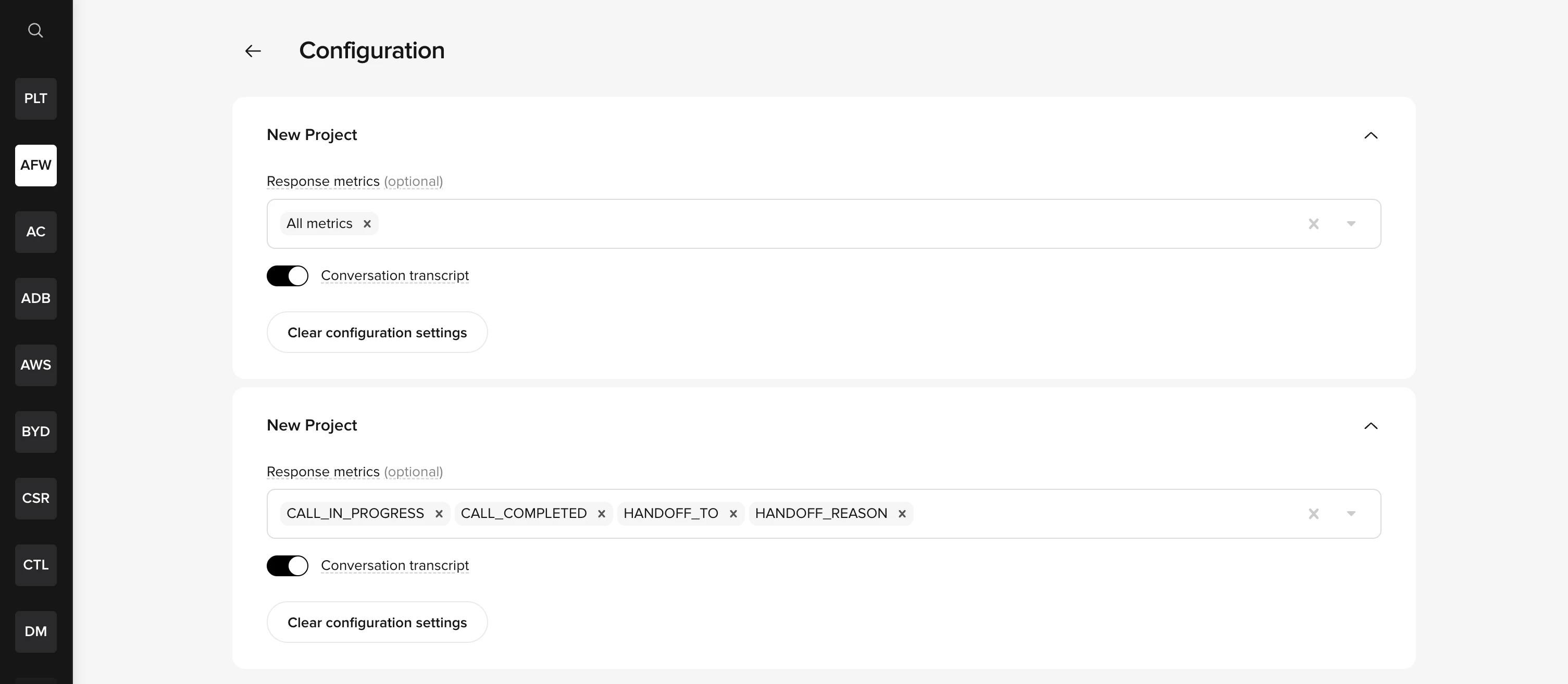 Configuration panel showing transcript toggle and response metrics
