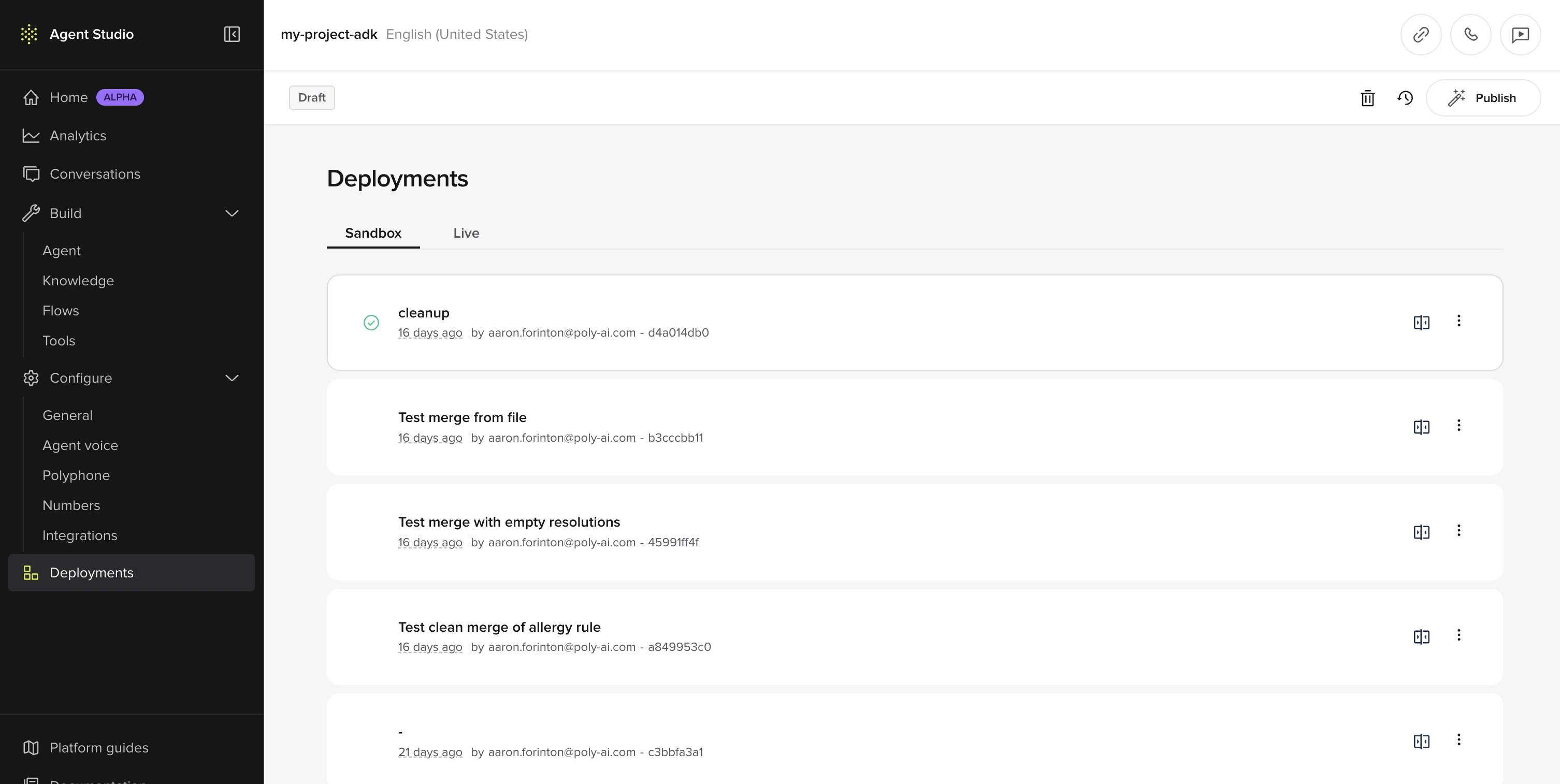 Deployments page in Agent Builder mode showing the Sandbox tab with a list of published versions