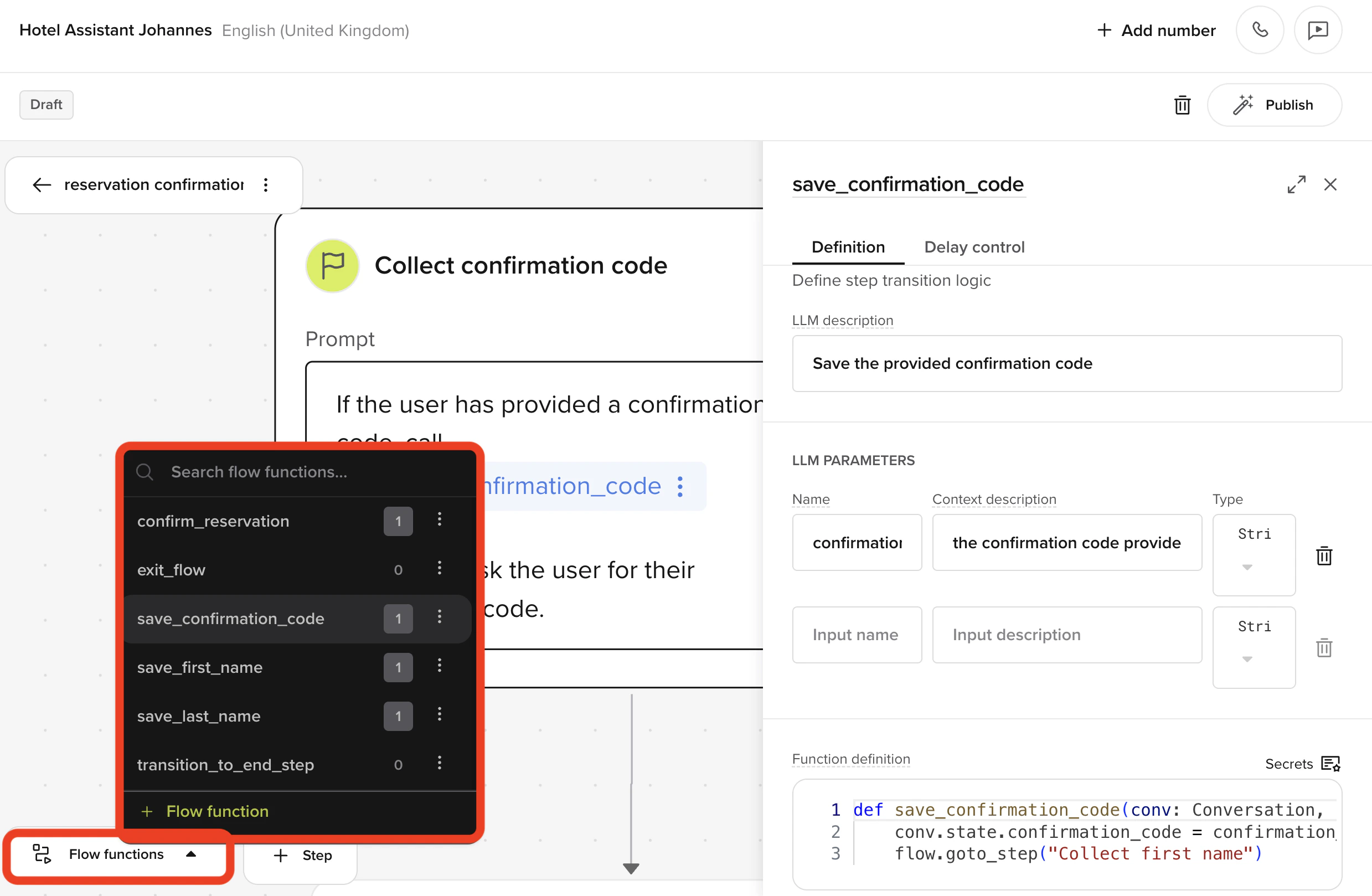 Flow functions modal showing a list of transition functions for the current flow
