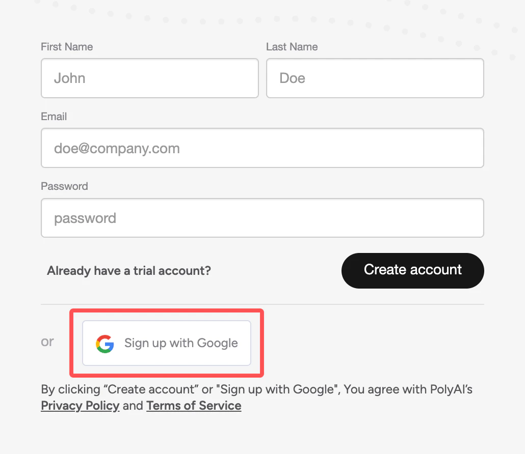Google SSO sign-up screen