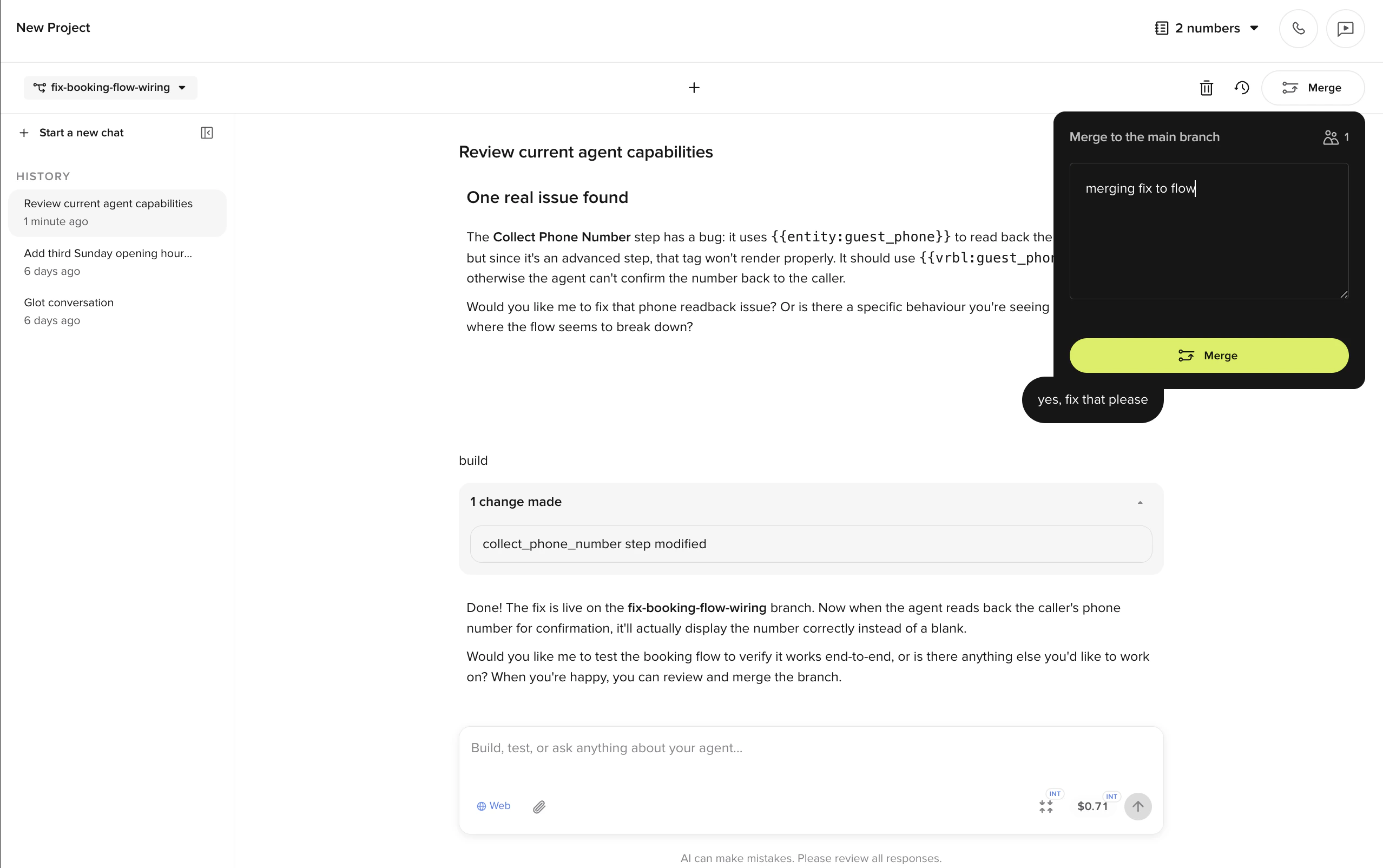 Merge to main branch dialog with an optional message