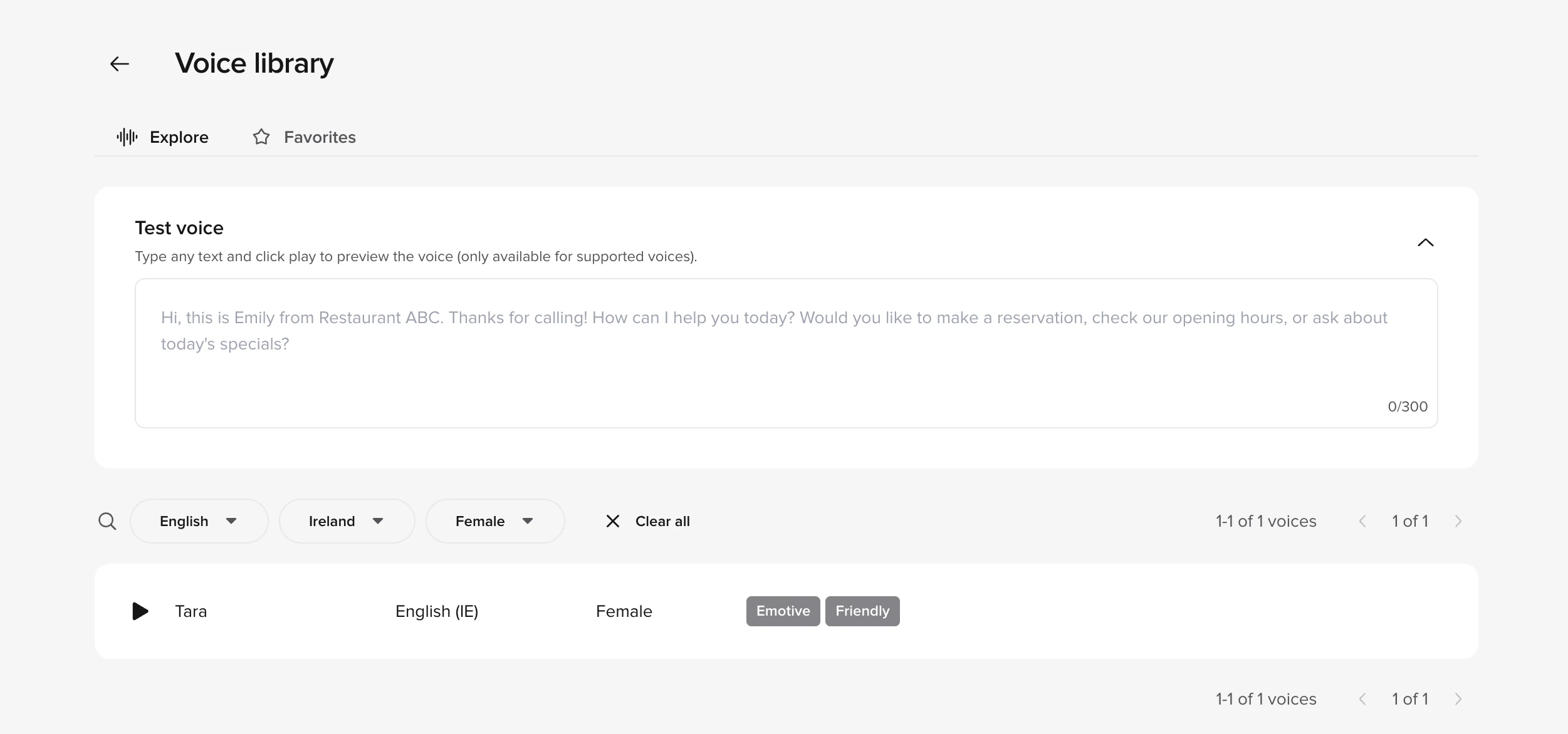 Voice library with the Test voice preview field, language, region, and gender filters, and a voice card showing Tara (English IE, Female) tagged Emotive and Friendly