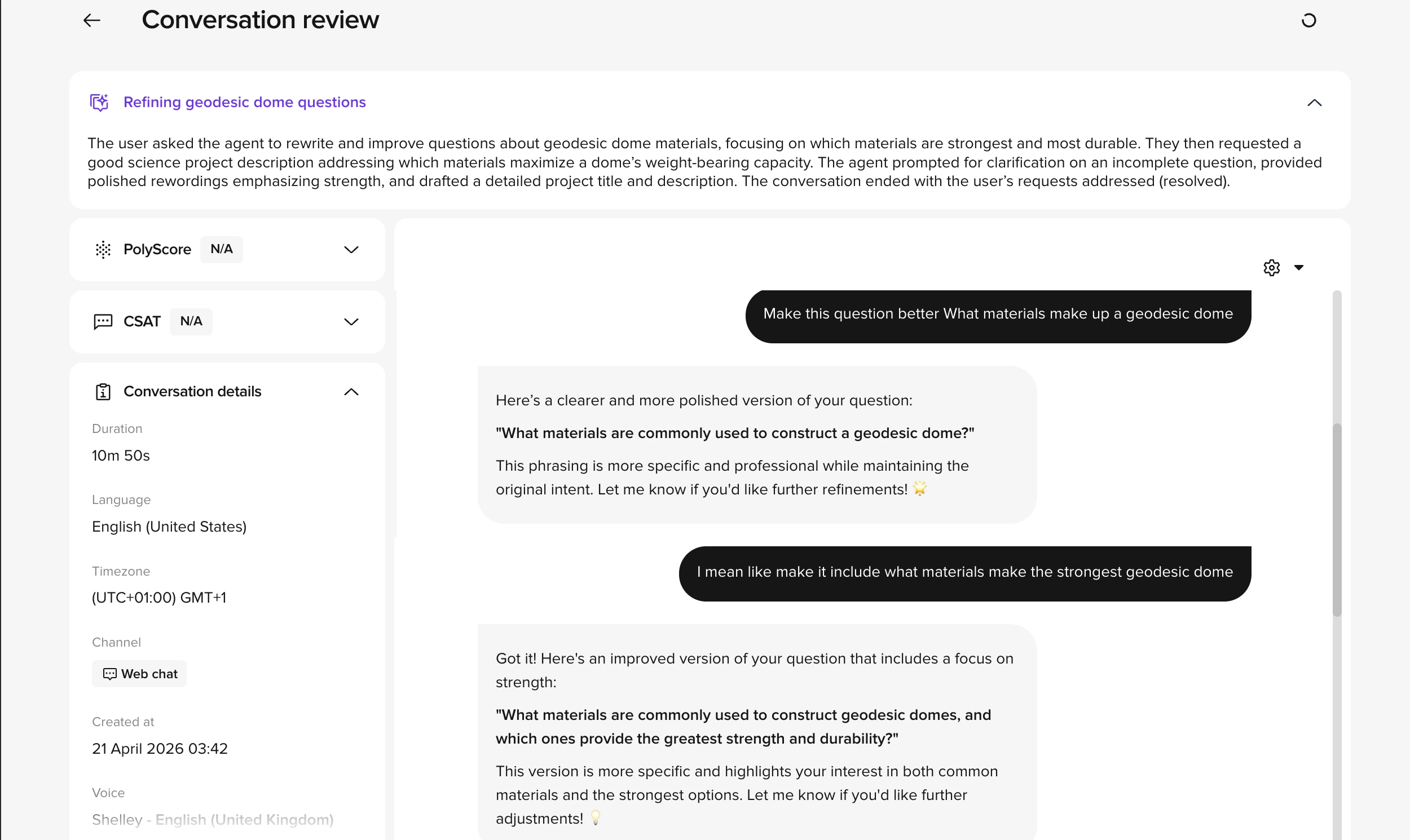 Full-page Conversation review showing the AI-generated summary at the top, PolyScore / CSAT / Conversation details / Metrics cards in the left column, and the transcript with the Diagnosis cog on the right
