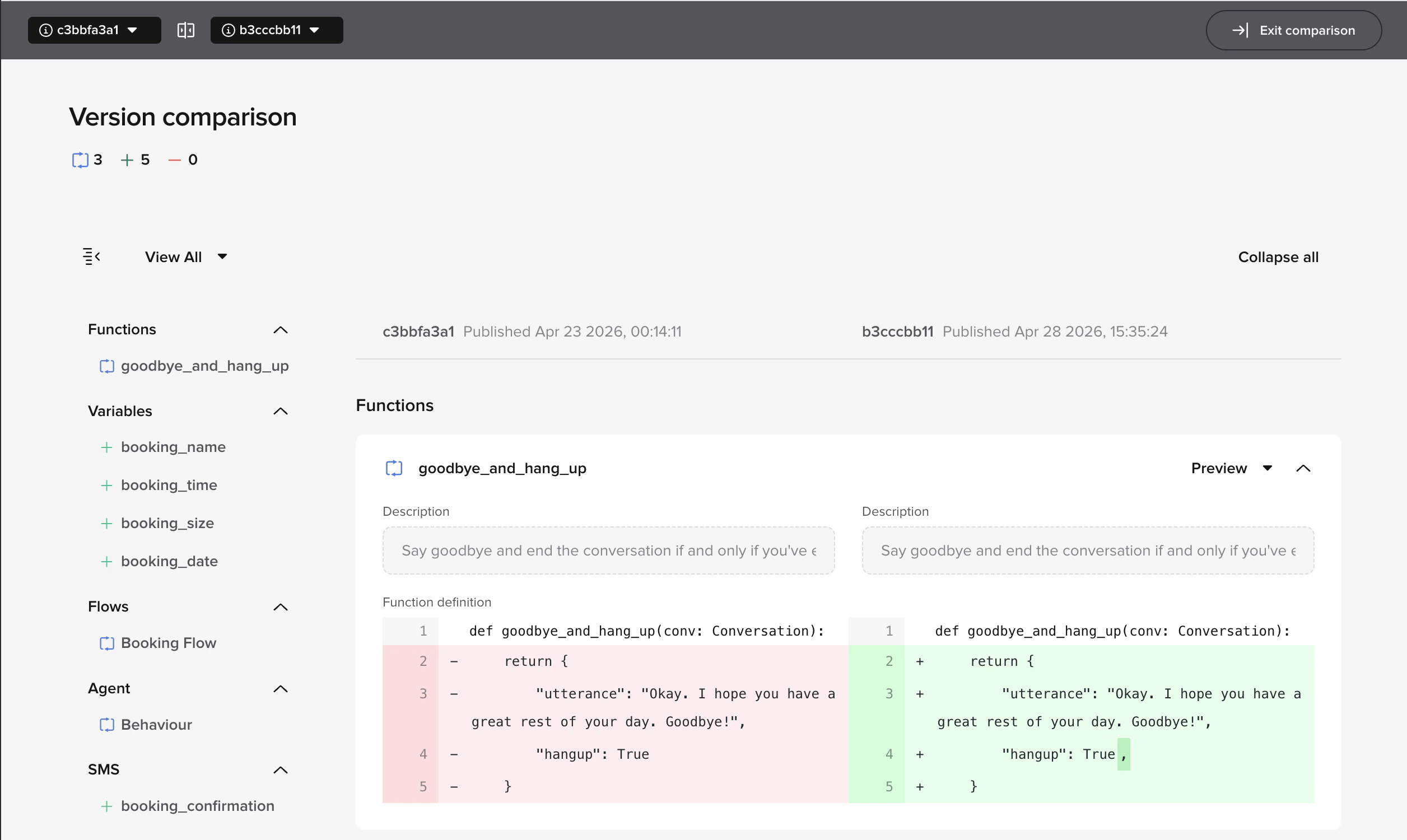 Version comparison view showing two deployments side by side with line-level diffs across Functions, Variables, Flows, and other agent settings