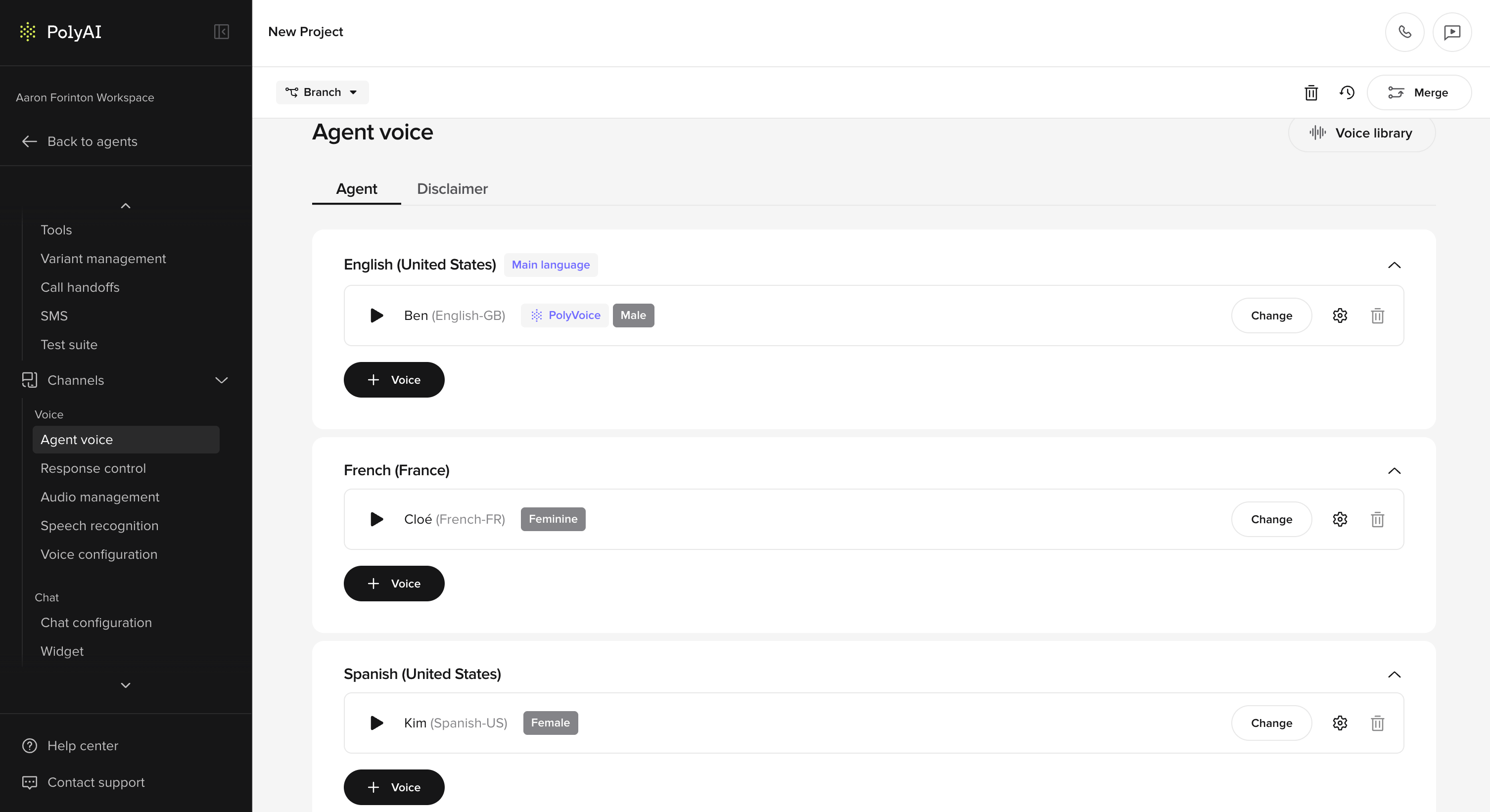 Agent voice set language by voice