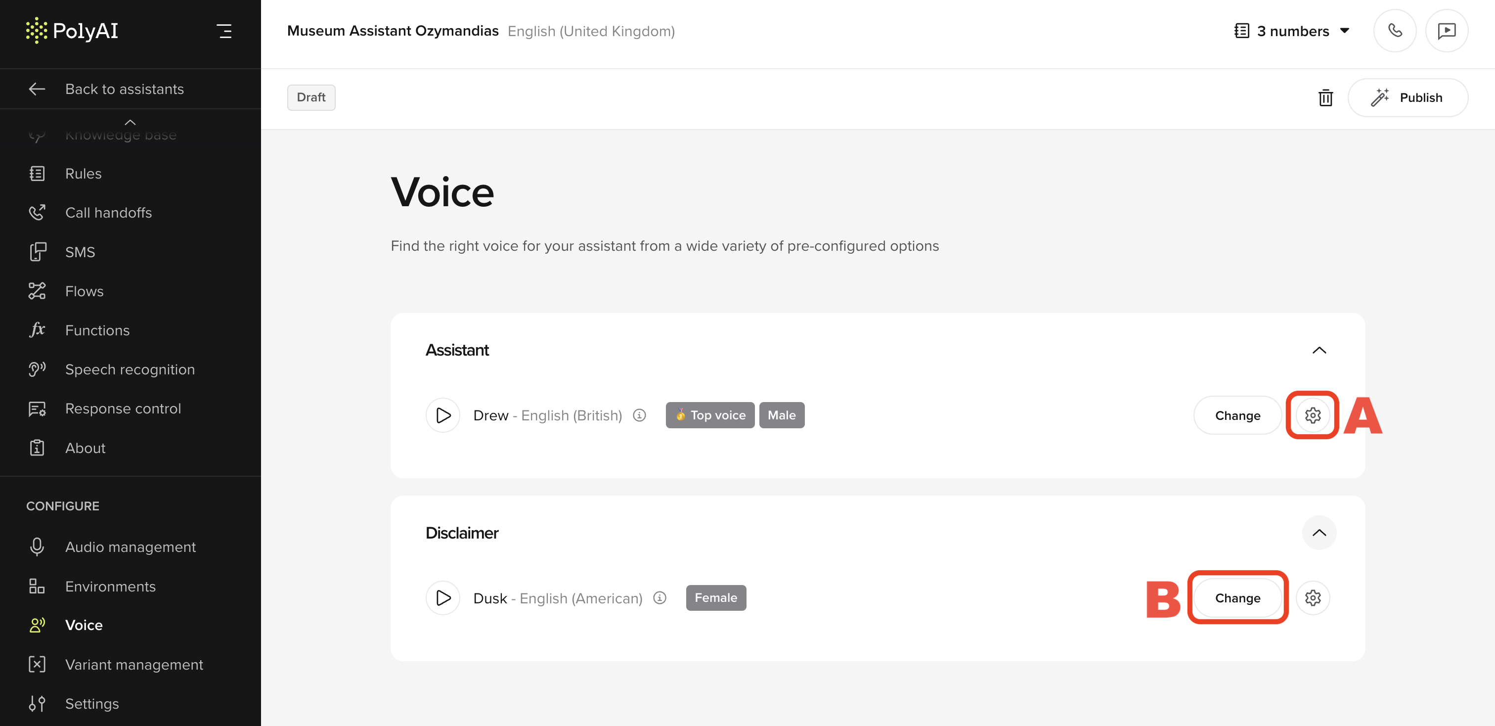 Voice config highlighted