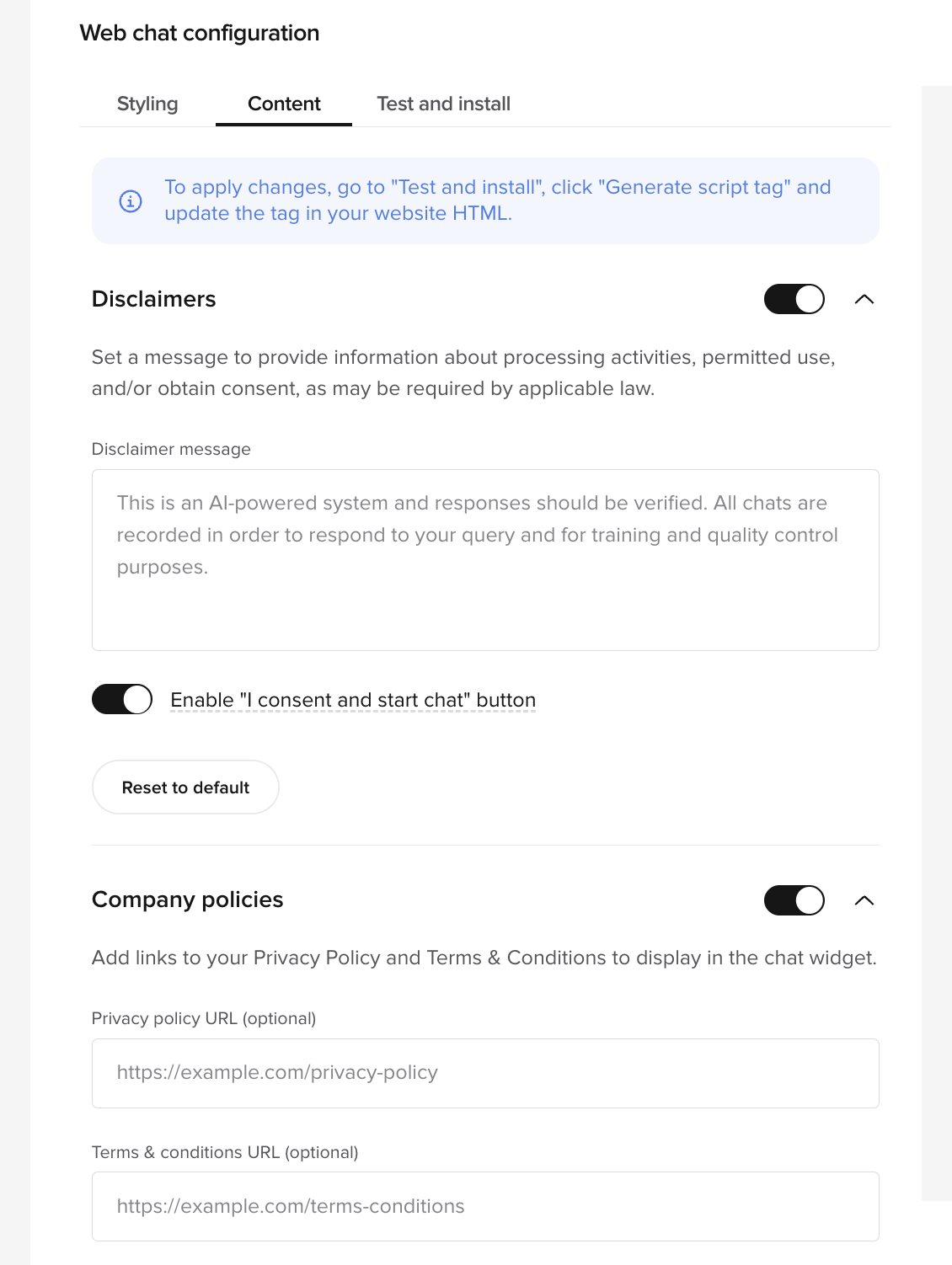 Webchat content tab showing disclaimer toggle and preview