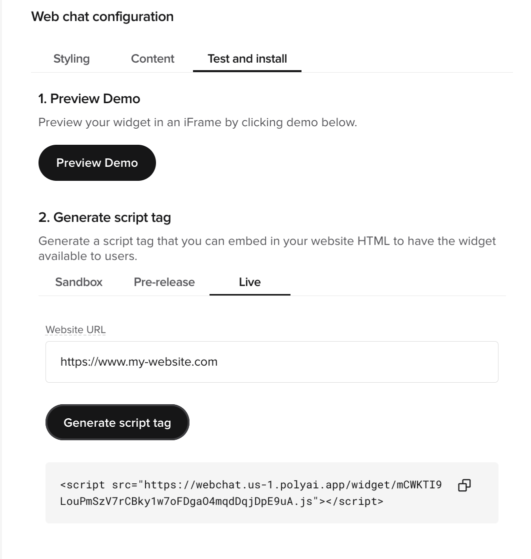 Script tag generation panel