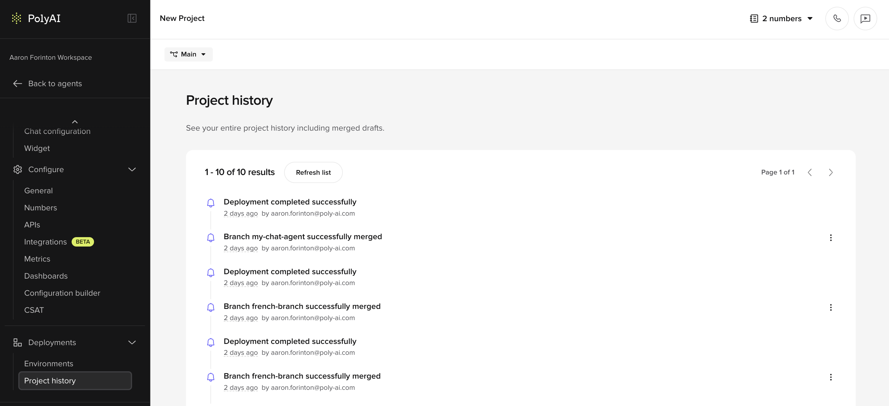 Project history page showing a list of project events including deployments and branch merges.