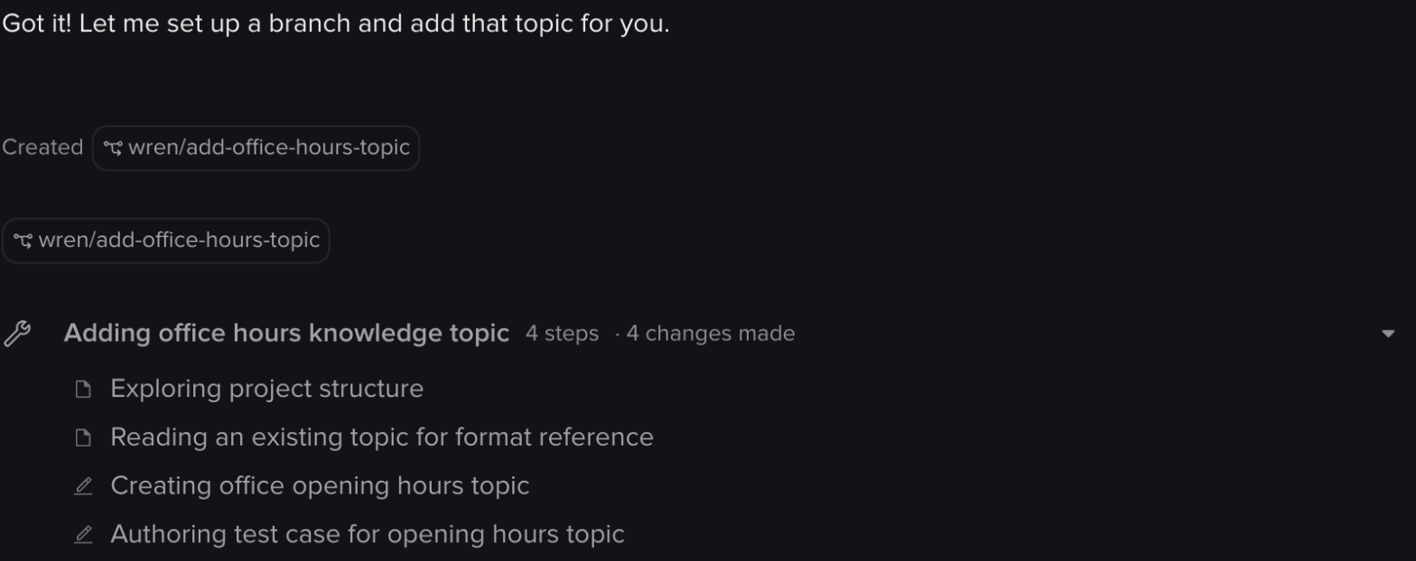 Transcript showing a branch named wren slash add-office-hours-topic being created, followed by four steps and a four changes made summary