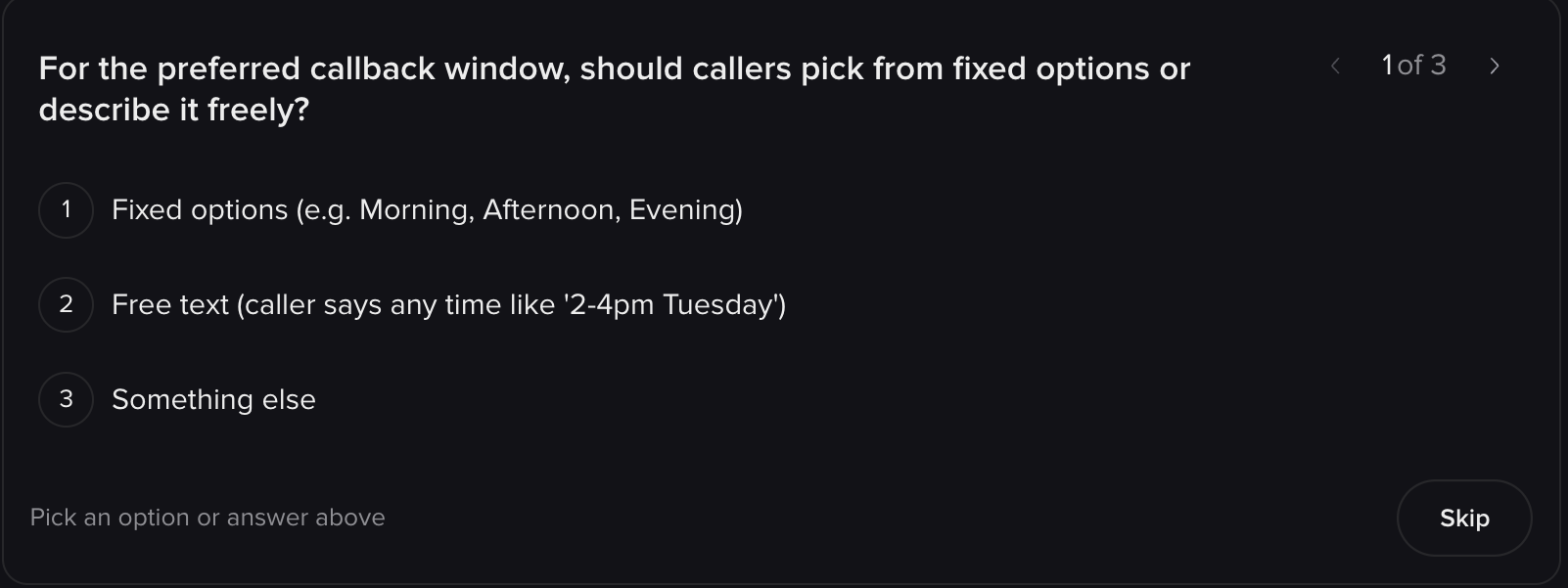 Wren asking a clarifying question with numbered options, a Something else option, a Skip button, and a 1 of 3 pager