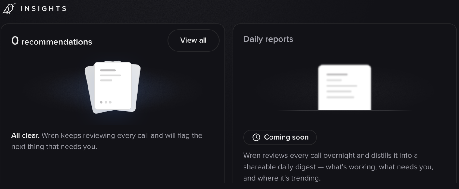 Insights zone showing a Recommendations card and a Daily reports card