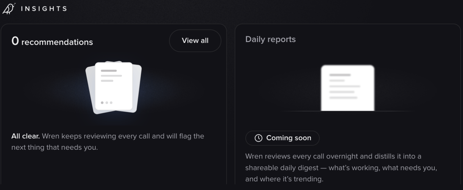 Insights zone showing a Recommendations card and a Daily reports card