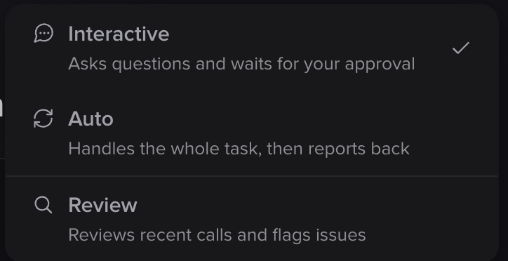 Wren mode selector showing Interactive, Auto, and Review options