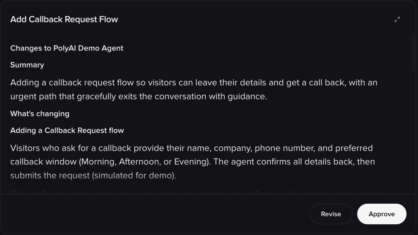 Plan card titled Add Callback Request Flow with a summary, a what's changing section, and Revise and Approve buttons