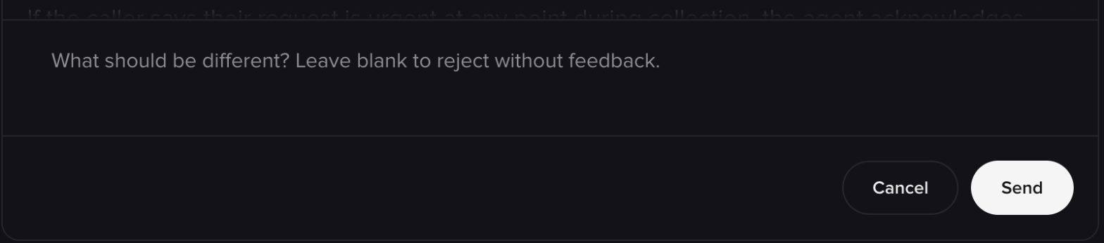 Plan revision feedback box reading What should be different, with Cancel and Send buttons