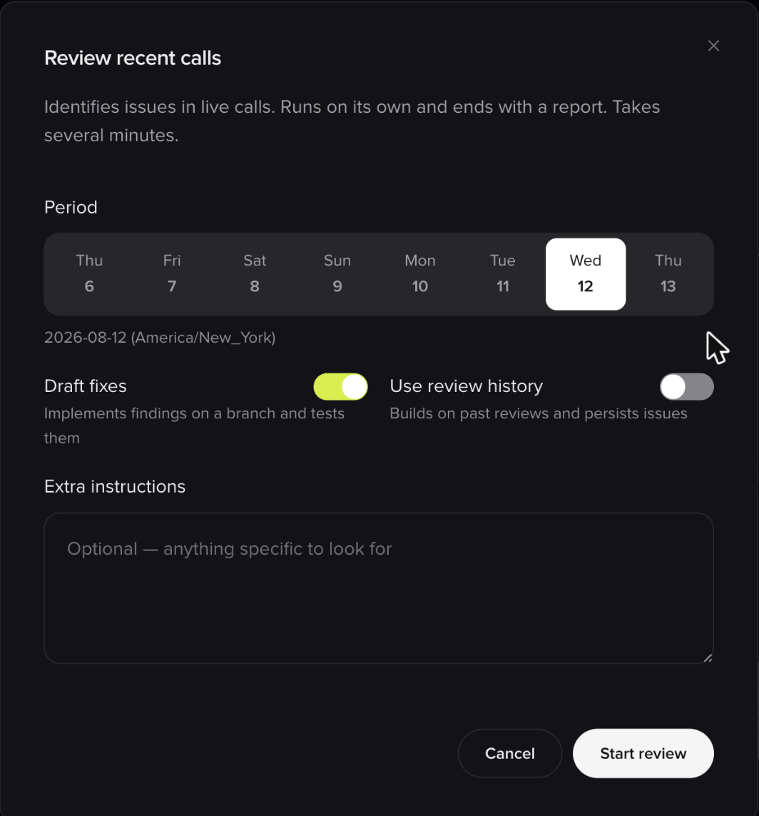 Review recent calls dialog with period picker, Draft fixes and Use review history toggles, and an extra instructions field