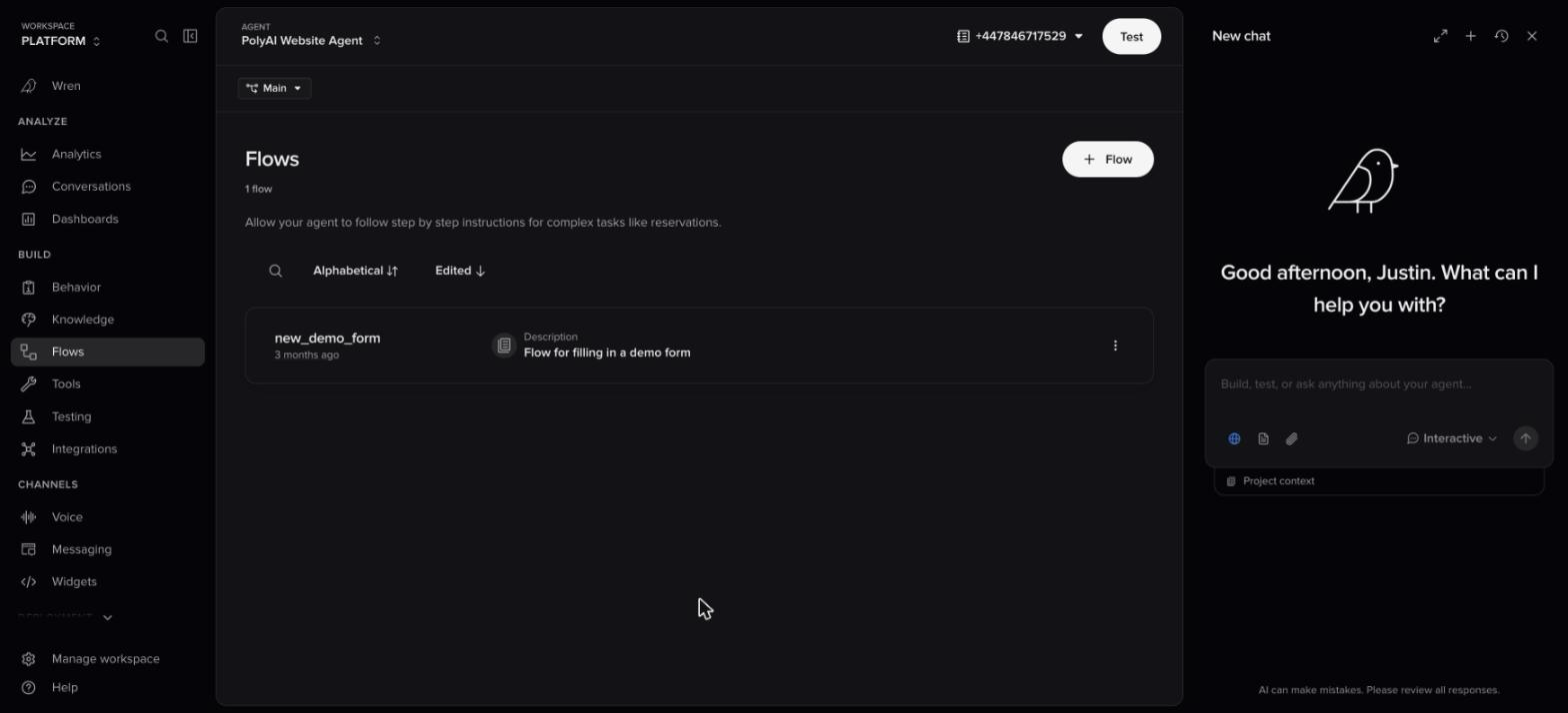 Wren side panel open on the right of the Flows page, with a new chat ready and the Flows list still visible