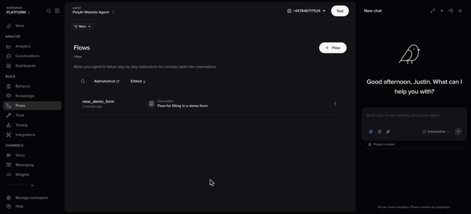 Wren side panel open on the right of the Flows page, with a new chat ready and the Flows list still visible