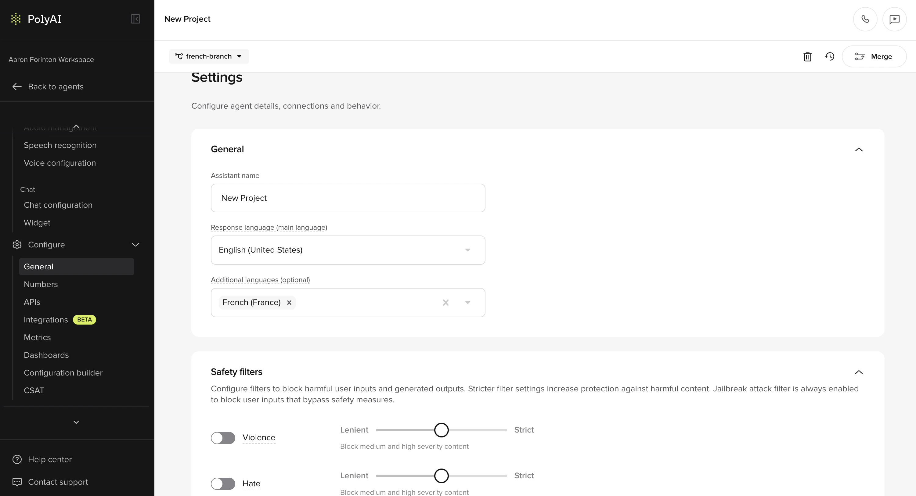 Multi-language settings showing Response language and Additional languages fields