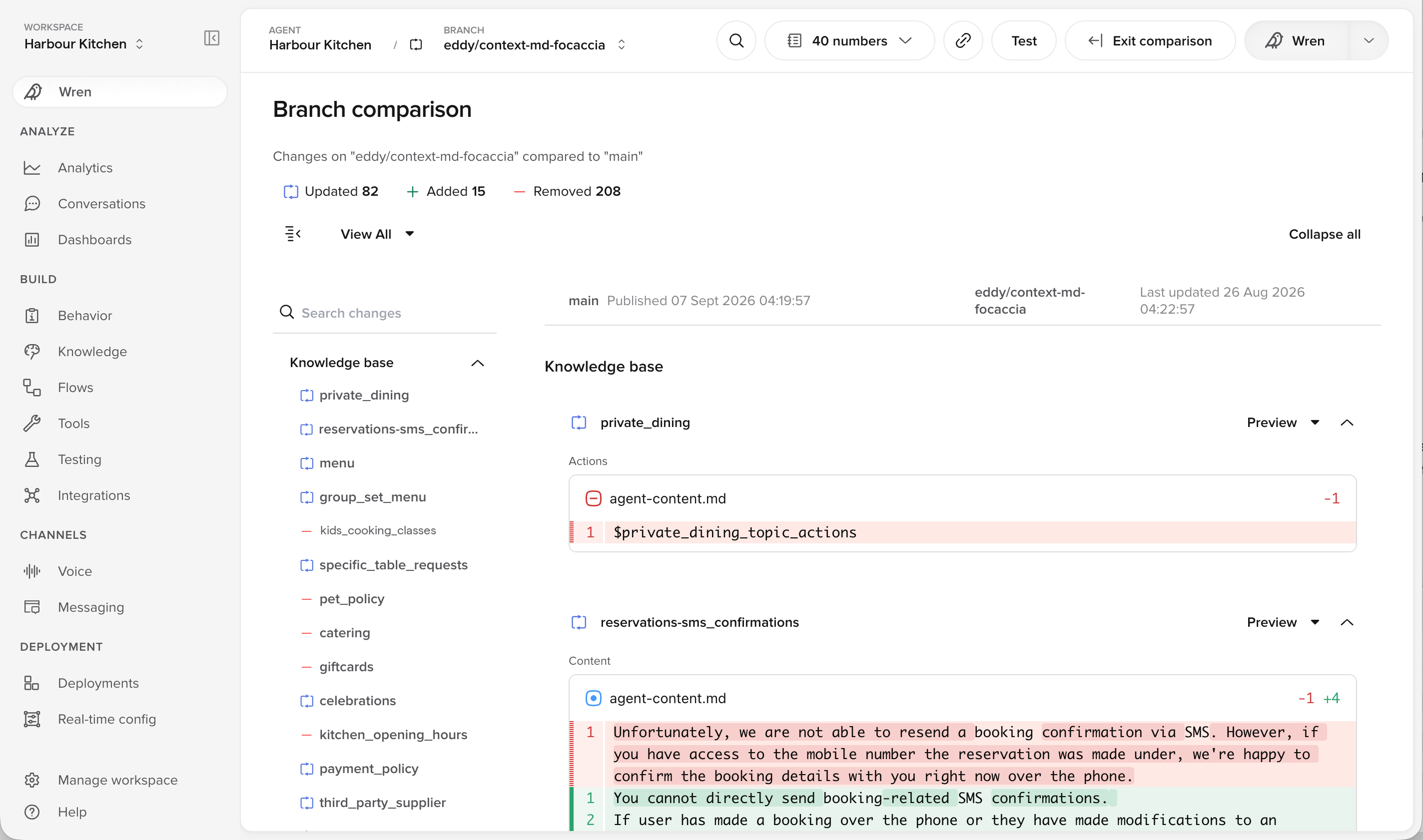 Branch comparison showing updated, added and removed counts with a knowledge base diff